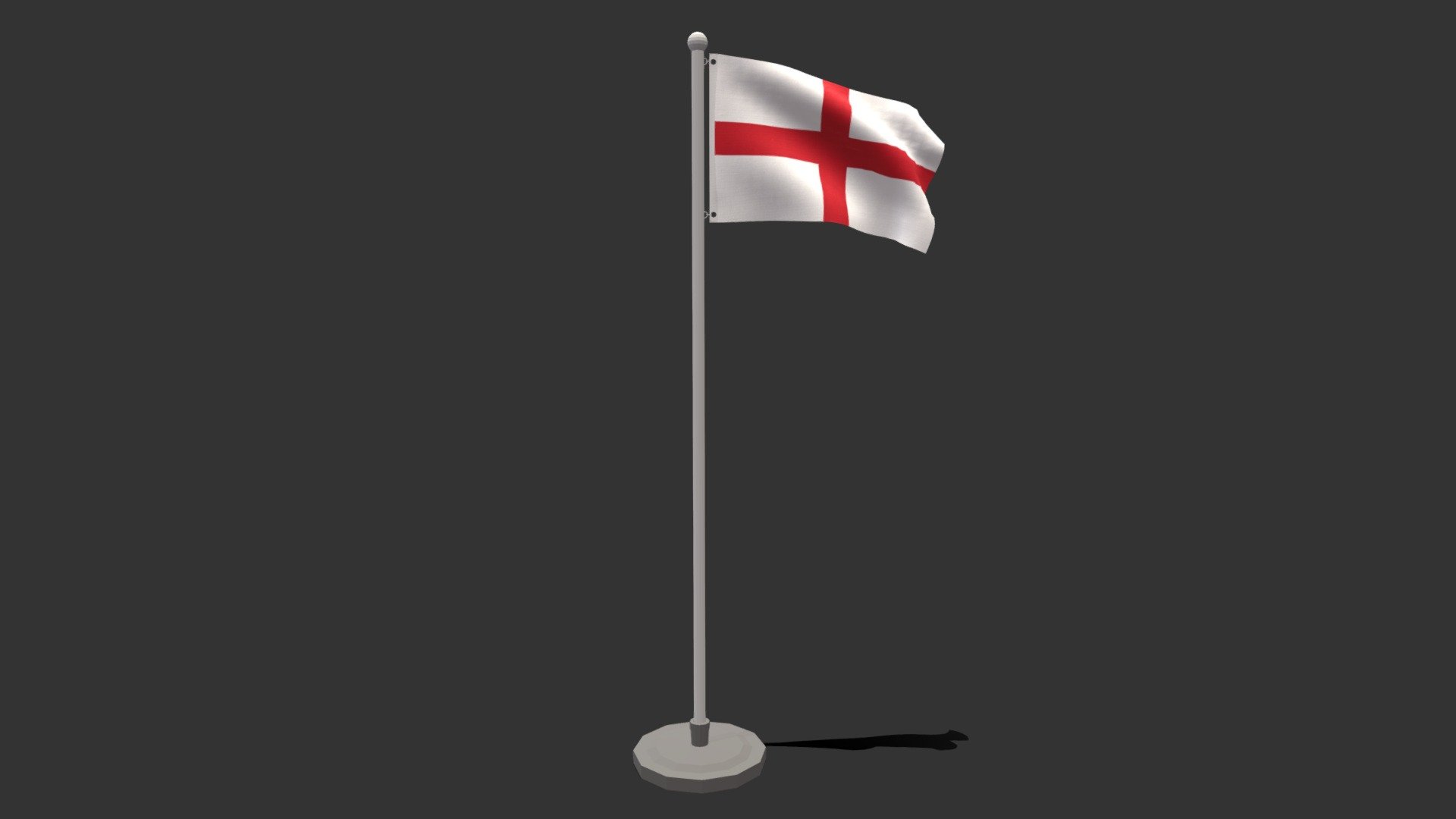 This is a low poly 3D model of an animated flag of England. The low poly flag was modeled and prepared for low-poly style renderings, background, general CG visualization presented as 2 meshes with quads only.

Verts : 1.416 Faces : 1.343.

1024x1024 textures included. Diffuse, roughness and normal maps available only for flag. The pole have simple materials with colors.

The animation is based on shapekeys, 248 frames and seamless, no rig included.

The original file was created in blender. You will receive a OBJ, FBX, blend, DAE, Stl, gLTF, abc.

****PLEASE NOTE Animation icluded only in blend, abc and glTF files.

Warning: Depending on which software package you are using, the exchange formats (.obj , .dae, .fbx) may not match the preview images exactly. Due to the nature of these formats, there may be some textures that have to be loaded by hand and possibly triangulated geometry 3d model