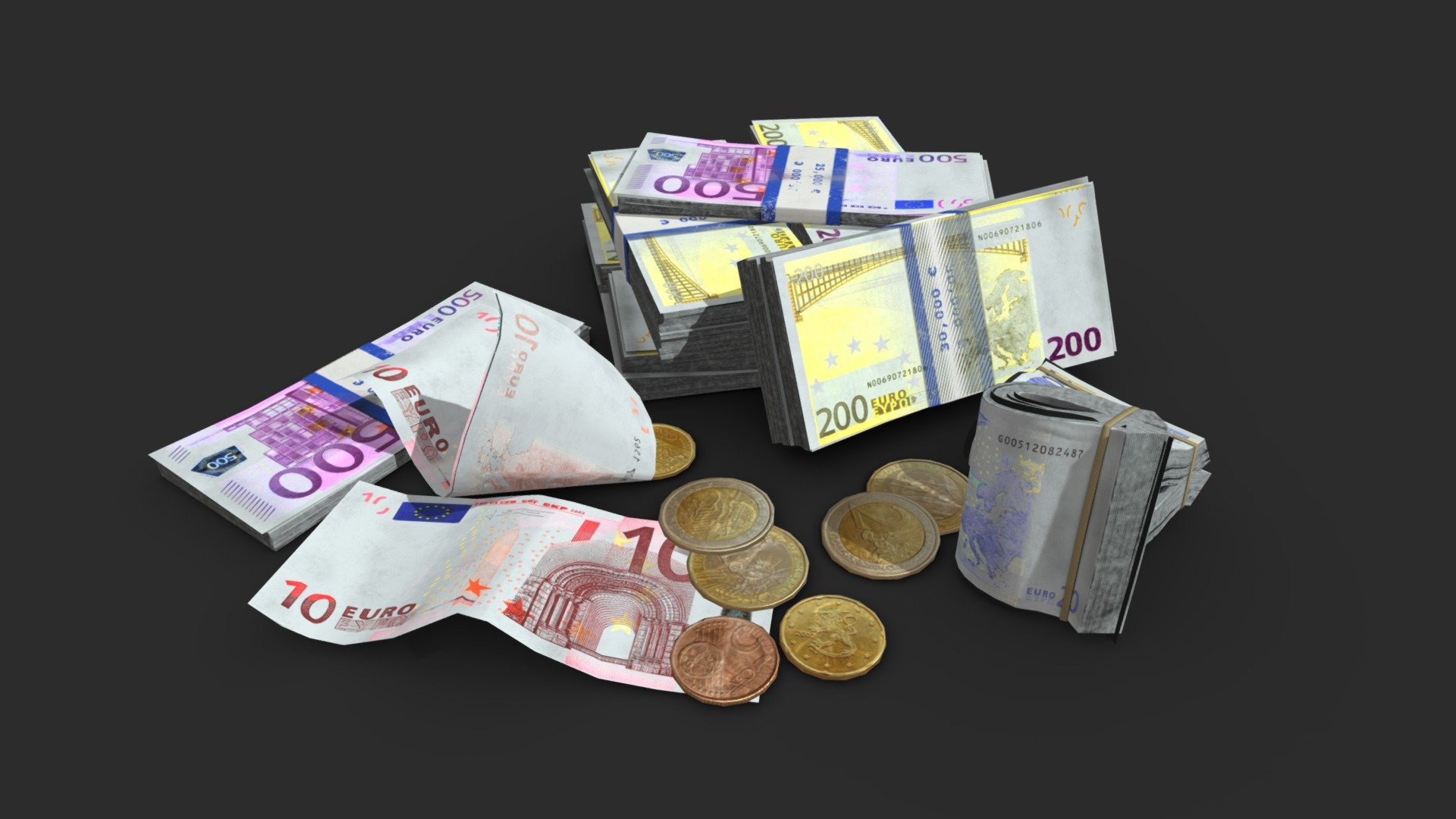 This european Euro money loots including banknotes and coins includes 22 objects :


10 individuals banknotes (in 2 values)
4 different coins
3 banknote stacks

The assets can be used in any game (post-apocaliptic, first or third person, GTA like, survival… ). All objects share a unique material for the best optimization for games.

Those AAA game assets pack of money loots will embellish your scene and add more details which can help the gameplay, the game design or the level design.

All textures are PBR ready and available in 4K.

Low-poly model &amp; Blender native 3.1

SPECIFICATIONS


Objects : 22
Polygons : 4541

GAME SPECS


LODs : Yes (inside FBX for Unity &amp; Unreal)
Numbers of LODs : 2
Collider : No

EXPORTED FORMATS


FBX
Collada
OBJ

TEXTURES


Materials in scene : 1
Textures sizes : 4K
Textures types : Base Color, Metallic, Roughness, Normal (DirectX &amp; OpenGL), Heigh &amp; AO (also Unity &amp; Unreal ARM workflow maps)
Textures format : PNG
 - Money Loot - Euro - Buy Royalty Free 3D model by KangaroOz 3D (@KangaroOz-3D) 3d model