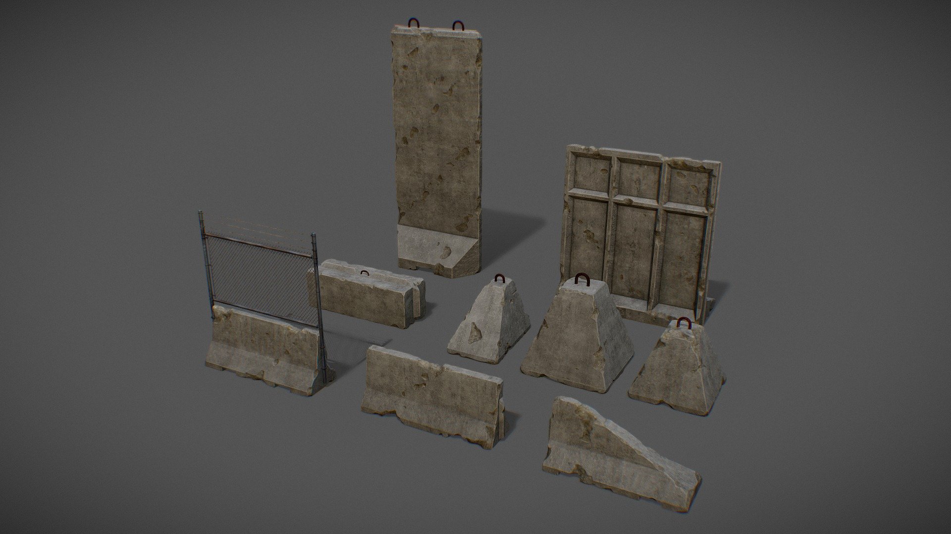 A set of cement walls worn down and wrecked by bullet holes and environmental factors typical of a war-torn/conflict area. 

∙ 4k texture resolution

∙ pbr workflow
 - Concrete Barricades - Buy Royalty Free 3D model by Lodgelus 3d model