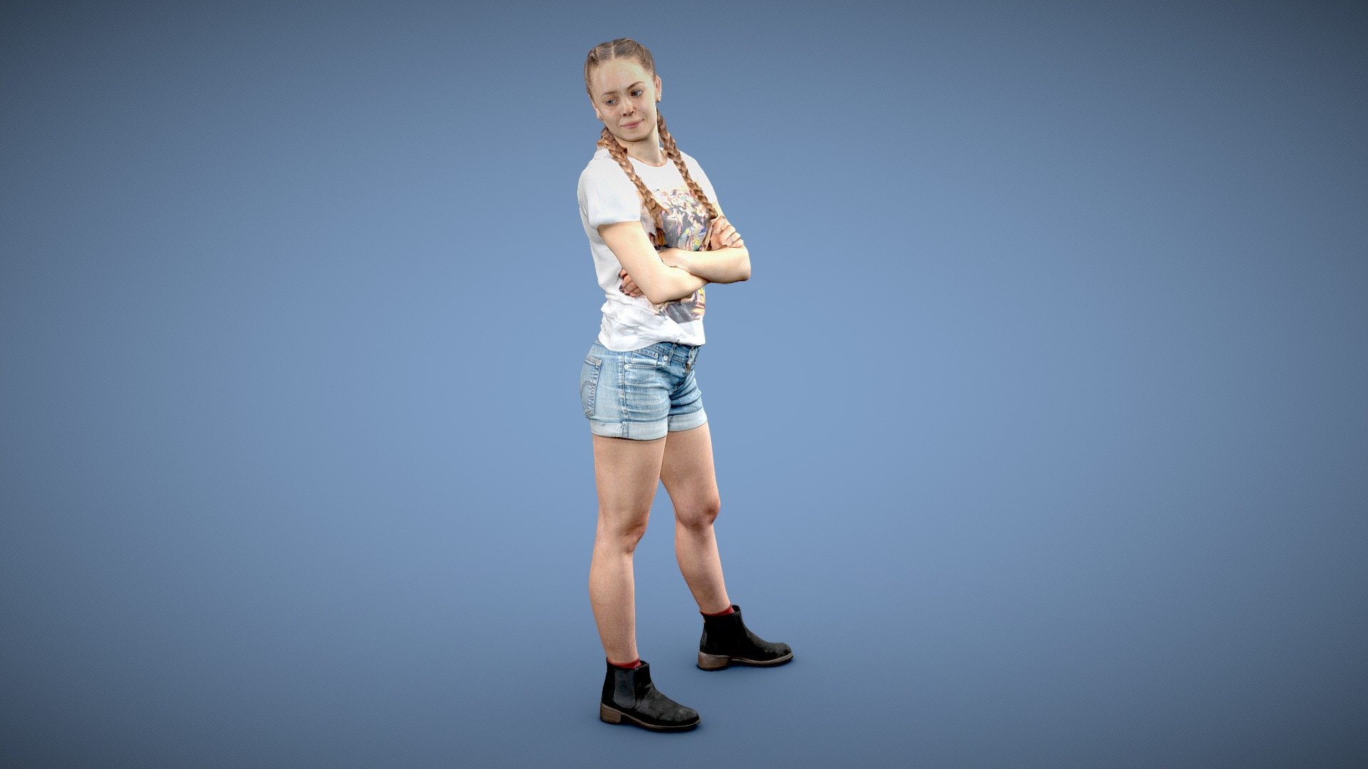 Full body of happy young stylish caucasian casual blonde braided hair woman standing with crossed arms looking over shoulder and smiling

Wearing blue jean shorts, t-shirt and boots

Posed photogrammetry scan with

8192x8192 8k diffuse map 8192x8192 8k normal map 8192x8192 8k roughness map - Woman standing crossed arms - 3D photo scan - Buy Royalty Free 3D model by sharplaninac 3d model