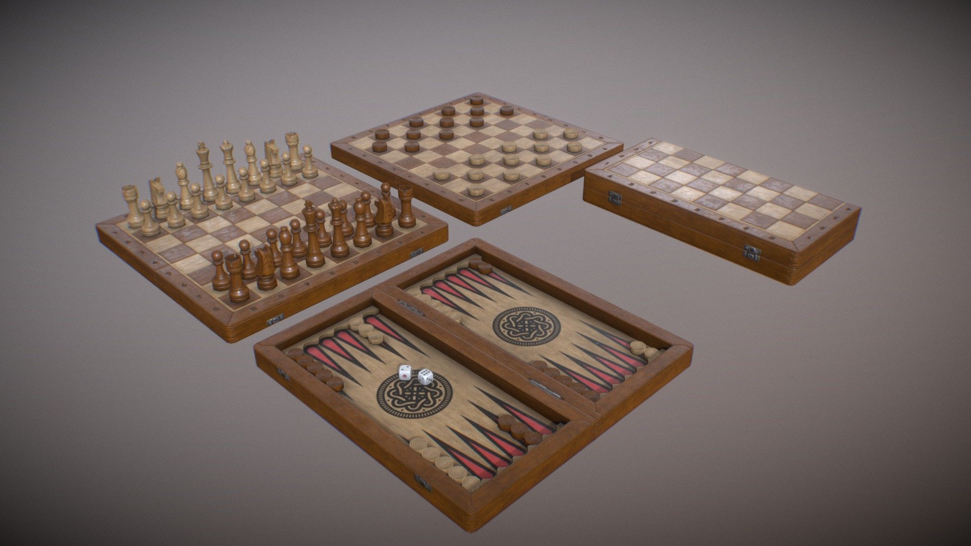 If you want add details to your game level or make scene where your npc's playing chess, backgammon or checkers, or if you want to create something like library or chess club level, this is what you need


Poly count: 

chess set: 7116 tris

backgammon set: 1548 tris

checkers set: 712 tris

folded chessboard: 28 tris


Textures: 
1 material, 5 textures (2048x2048):

- albedo

- ambient oclussion

- normal map

- metallic

- roughness
 - Chess & Backgammon & Checkers GameReady Props - 3D model by Constant33N 3d model