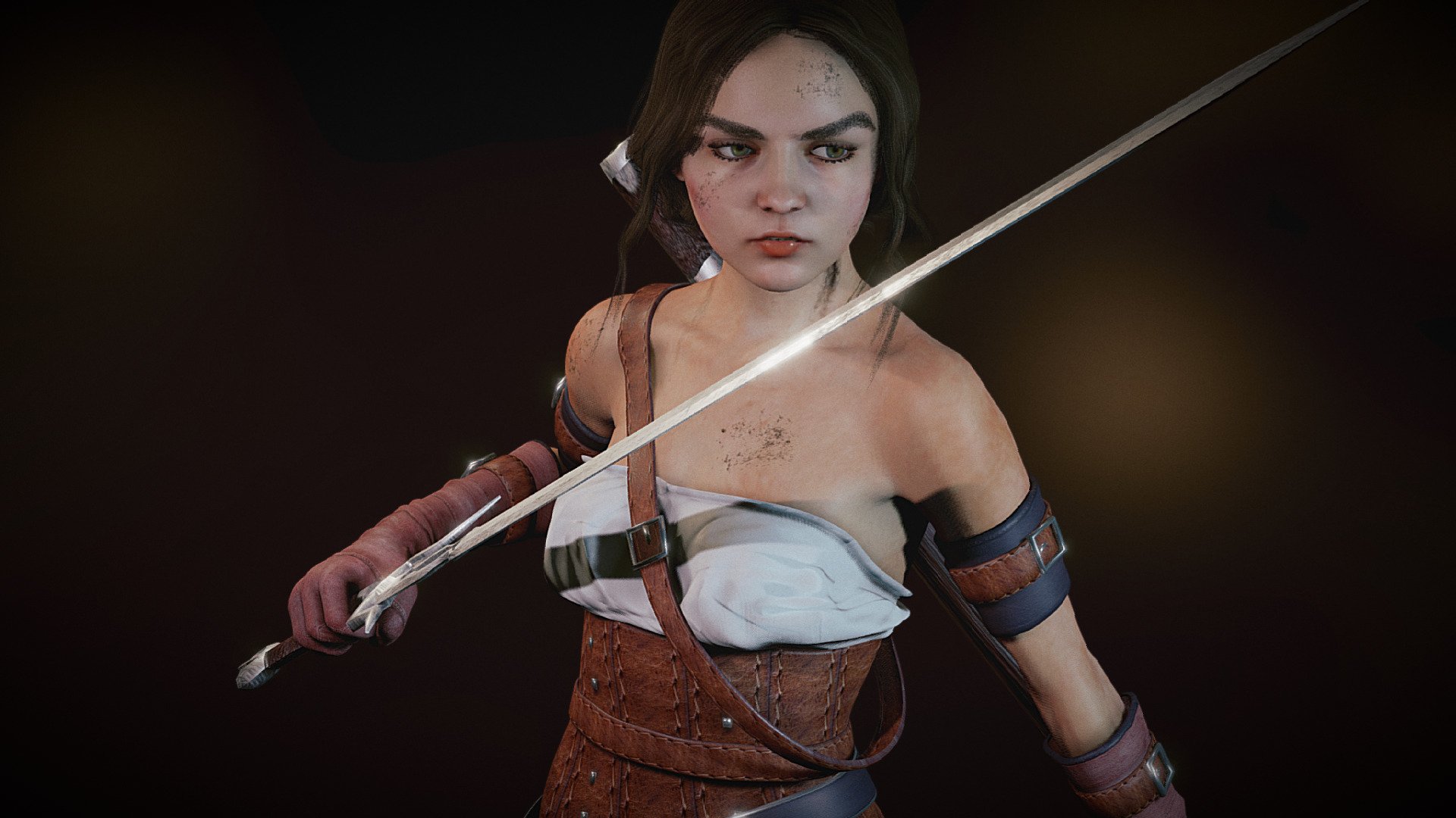 Medieval Warrior Girl with Sword model in Blender. body rigged and basic face rig. Mixamo bone names for animation. sss. eevee and cycles ready. includes shapekeys for different looks 3d model