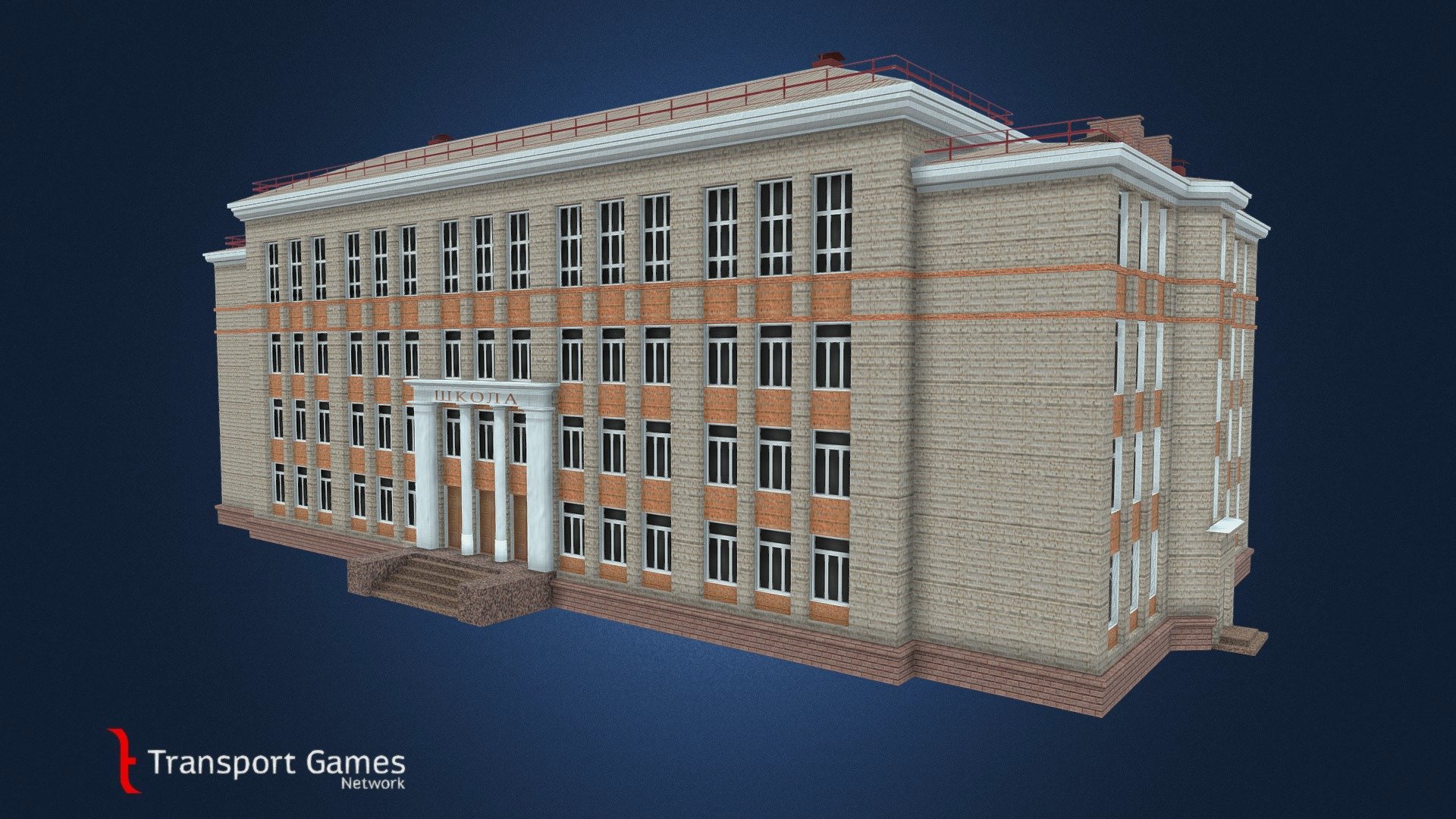 Asset for Citites Skylines.
Series 2-02-27. Brick walls version.
Typical soviet school in middle 20th century.
 - School proj. 2-02-27 (south facade orientation) - 3D model by targa (@targettius) 3d model