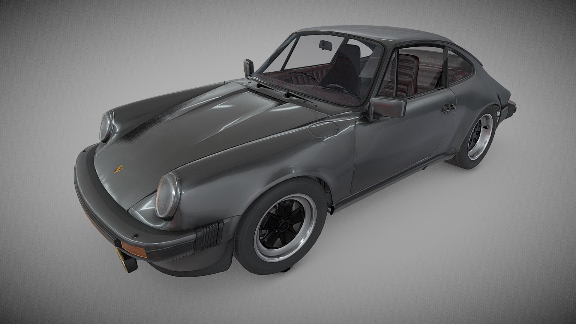 The 911 SC with 3.0 litre Flat Six engine. In anthrazit metallic with burgundy interior. 
The model is complete and correct, remade several times to match the exact measures and technical details. Includes the flatsix engine model with 915 gearbox.
You can have a look at all the details in an animated version here

The boot interior, cabin, engine, chassis, everything is there. I didn't bake the textures or the mesh to make all the separate models available and ready to rig 3d model