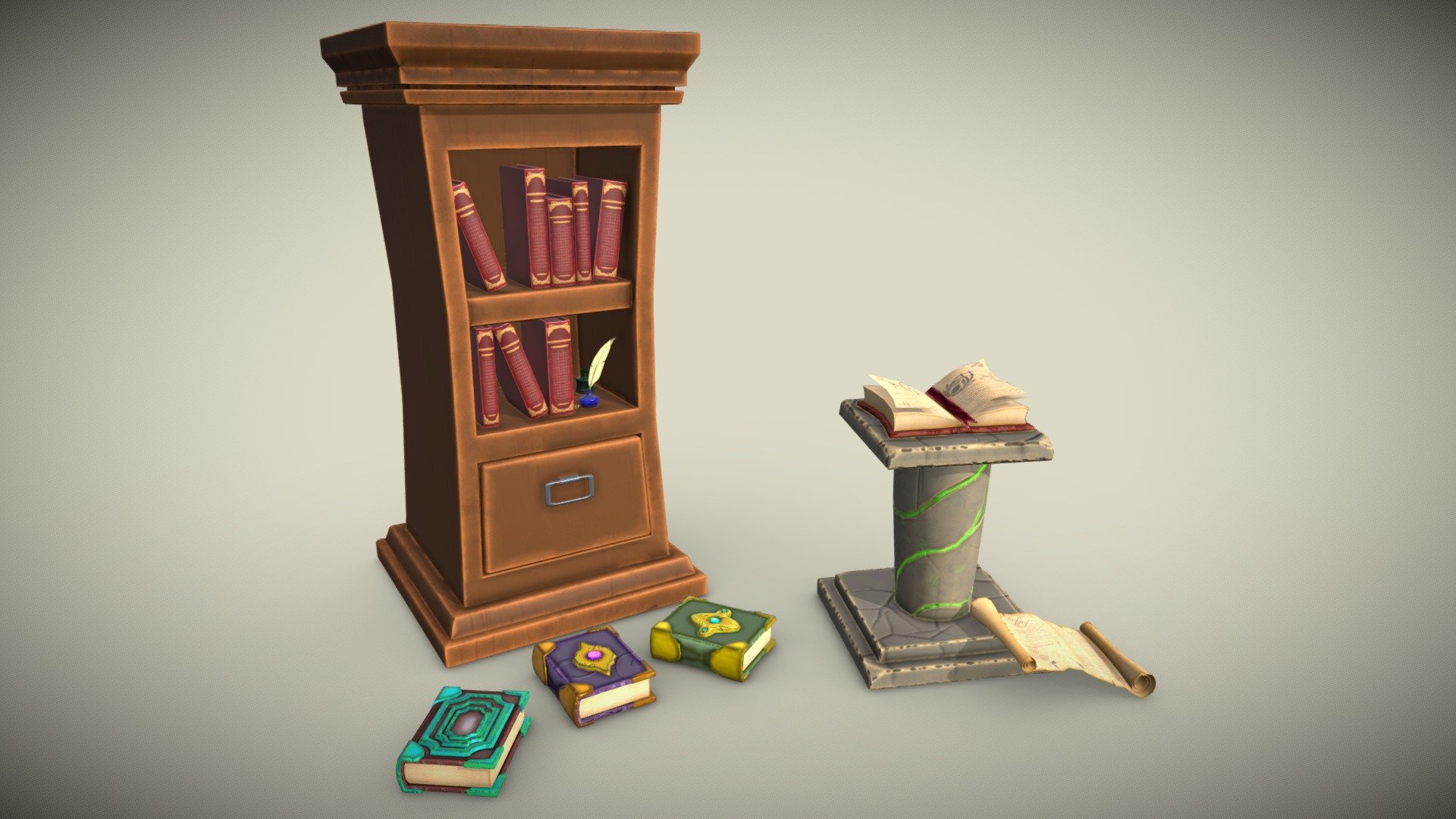 Stylized set, stone stand, bookcase, books, papyrus scrolls PBR low-poly
 Polygons 7884 
Vertices 7936 - Stylized set stone stand bookcase books papyrus - Buy Royalty Free 3D model by Svetlana07 3d model