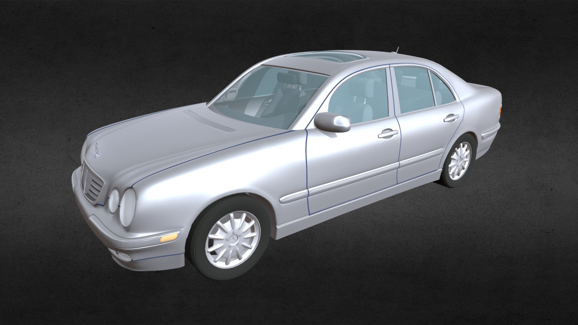 The Mercedes-Benz E-Class is a range of executive cars manufactured by German automaker Mercedes-Benz in various engine and body configurations. 
This digital model is based on the 2000 version of the Mercedes Benz E320.




Approx 166594 polygons.

Made entirely with 3 point polygons.

Digitally scanned from the actual car.

Has a basic cabin which can be seen through the windows.

However, the doors are not separate parts and can not be opened.

Includes group information for all 4 wheels which your software should interpret as separate parts.

Although the model includes these parts, this version of the model is not rigged.

Includes logically named materials, such as BodyMetal, Tires, Headlight Glass, and more. This makes it very easy to recolor the model.

This version includes an mtl file, which your software program should read to colorize the model.

The model has basic UV mapping and NO textures are included.

Model by Digimation and uploaded for sale here with permission 3d model