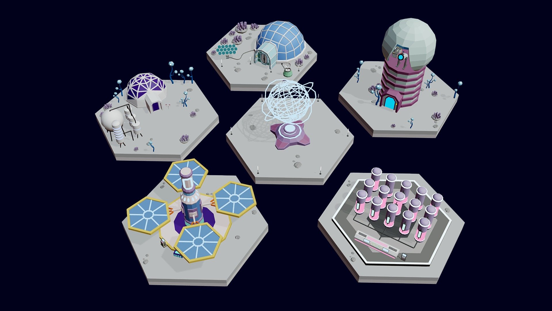 part of Low Poly Sci-Fi Tiles Lunar Zones download here

There are only 5 tiles out of 20 ready tiles Low Poly Sci-Fi Tiles Lunar Zones

You can easily create any map that suits you by simply connecting the tiles. You can scale objects/models to the size you need.

You can also use the created objects (stations / solar battery / antenna / crystals / rock / lamps / cylinders / robot cars / spaceships / buildings / installations / telescope / computers / monuments and much more!) by yourself to create your own tiles/unique environments! - Low Poly Sci-Fi Tiles Lunar Zones vol. 2 - 3D model by Mnostva 3d model