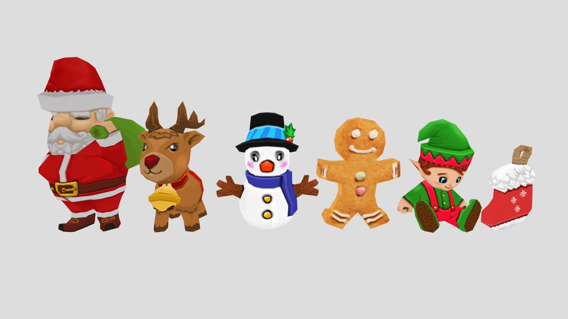 This is a 3D Christmas pack. It's low poly model which is made in Zbrush, and its texture is hand painted.
The models are include : Santo, Reindeero, Snowmano, Gingerbreado, Elfo, and Socks.

These model can be used for any type of work as: low poly projects, videogames, image rendering, video compositing, 3D websites, animation, movies. This is perfect for using it as decoration in a Christmas Scene or for a Christmas postcard image with other Christmas decorations. These are contains a .obj and all the textures.

I hope you like it! if you have any doubts or any questions just let me know. If you like it I will appreciate it if you could give your personal review! Thanks - 3D Christmas pack - 3D model by Erwin Pramana (@erwinprama) 3d model
