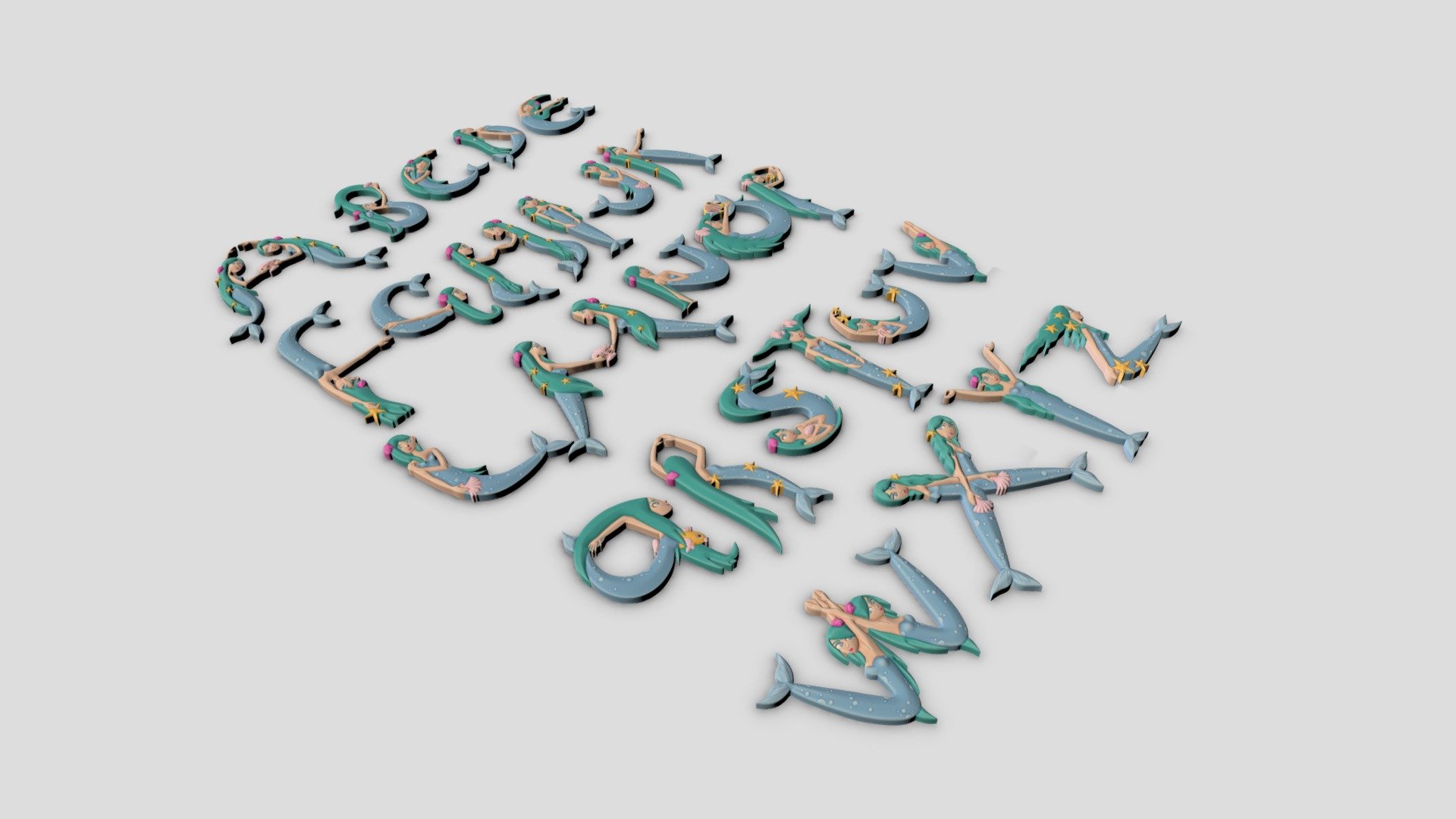 This is a mermaid based alphabet I've made using normal map to 3D and then manual sculpting in ZBrush. 1024 x 1024 Textures for the lower res uvmapped objects were painted in 3DCoat. 
I have also made decimated versions suitable for 3D printing (obj. and stl. files) from all of the sculpted letters as well.
My intention behind making this alphabet was that it would be nice used for CNC as well as for educational use 3d model