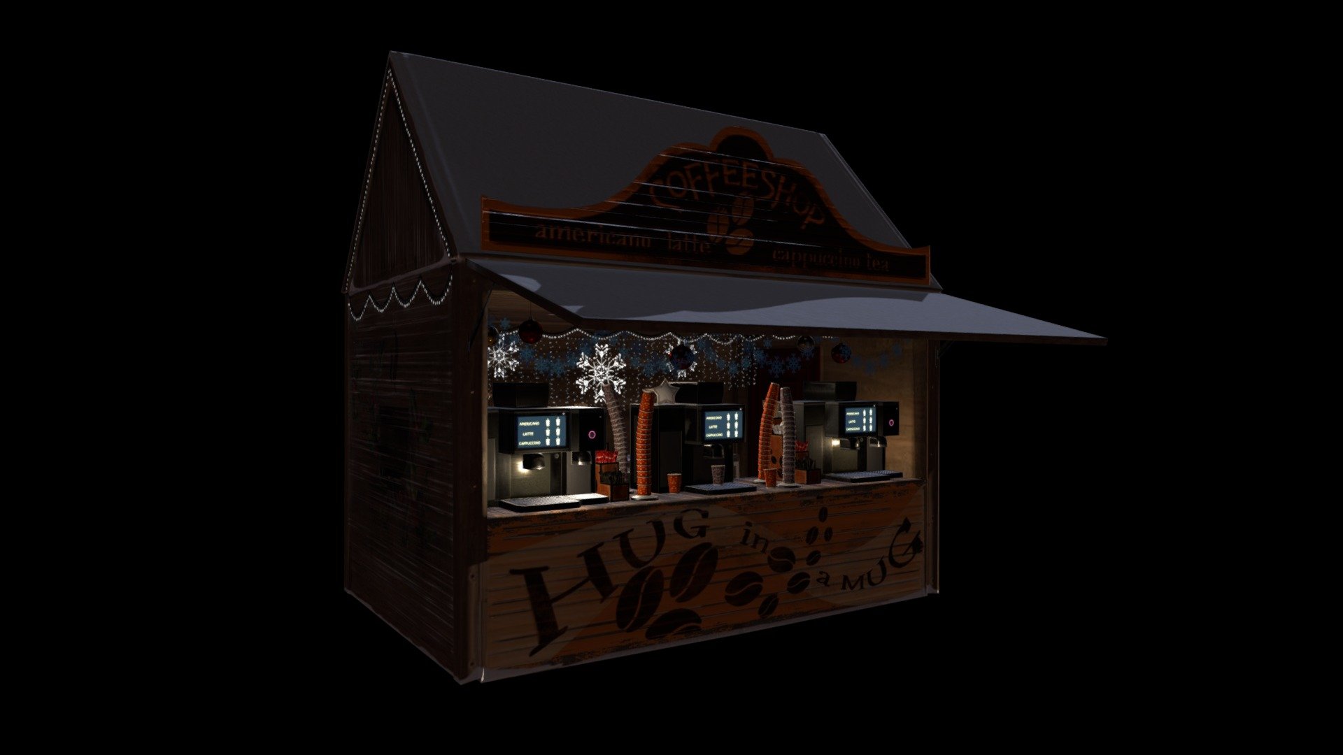 Christmas Coffeeshop Chalet- is one of the 6 Chalets of the Christmas Market asset. Almost all models have Diffuse, Normal, Gloss and Specular maps. Some models as chalet itself and Xmas lights have also Emission maps and transperency maps. All models are made in OBJ, FBX and 3dsMax formats. This models set will suit for Christmas projects and not only. 
Demo Video:https://www.youtube.com/watch?v=f-ZwfqrEijE - Christmas Coffeeshop Chalet - Buy Royalty Free 3D model by Vaarg 3d model