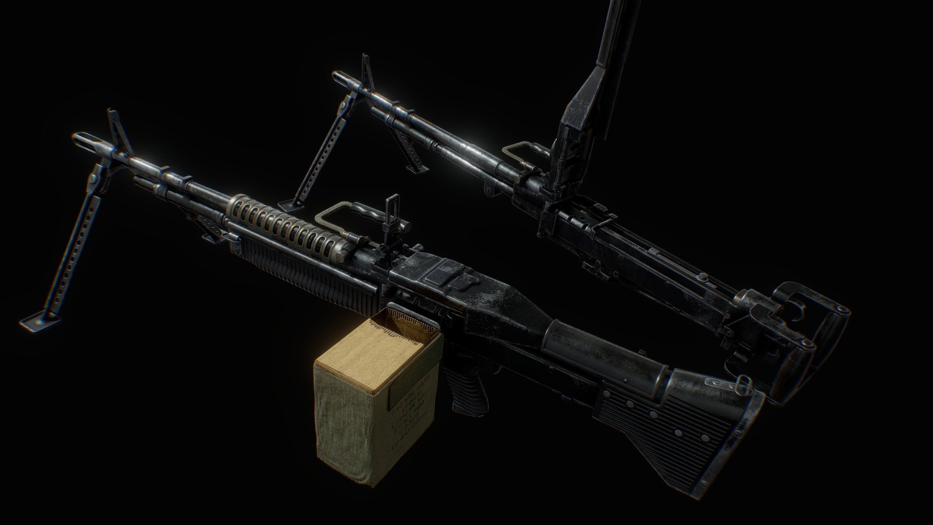 The M60 is a General-purpose Machine Gun from the United States.

Model has many mirrored parts. 2k by 4k texture set for the gun, and 2k by 2k for the M60D variant. Two texture sets. Curvature maps included.

Texture is broken on preview on purpose so that people couldn't just rip it 3d model