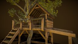 treehouse tree, forest, kids, rust, roof, playground, climb, metal, realistic, treehouse, old, fabric, heights, net, afternoon, house, wood, free