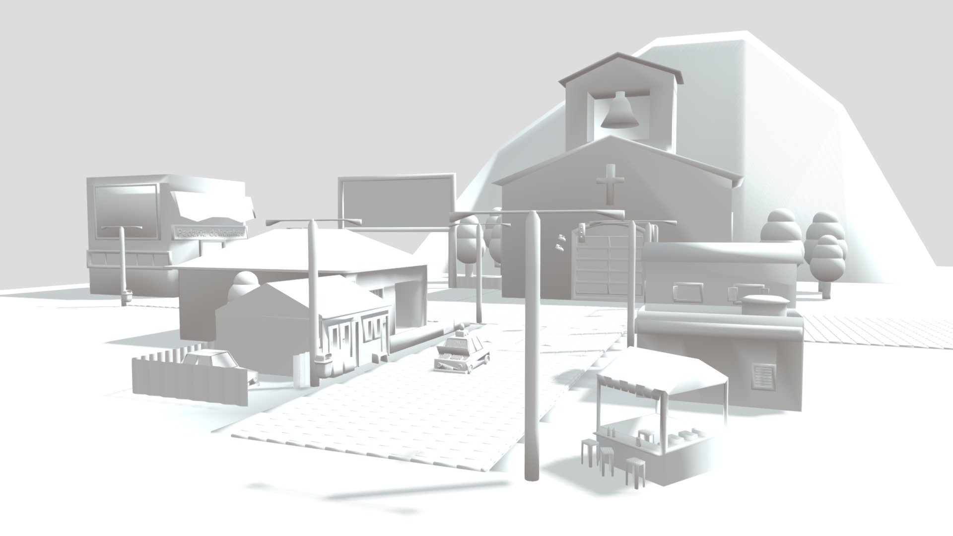Segunda parte do processo de modelagem de cena isométrica: vila brasileira, ainda sem texturas 3d model