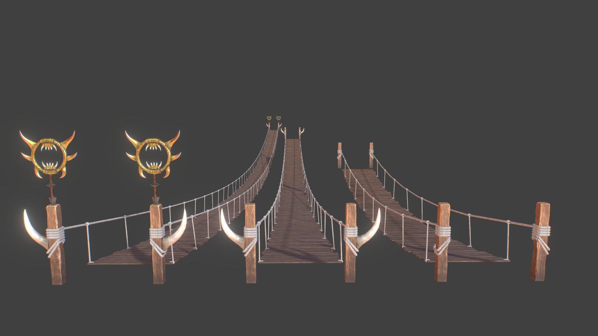 Wooden Bridges Pack.
20, 40, 60, 80 and 100 meters bridges with 3 types of bulks. Width is 2.4 meters. LODs are included. Everything is PBR.




5 fbx meshes of bridges with different length.

1 fbx mesh of bulks with 3 different types(assets).

2k textures for base bridge.

2k textures for bulks.

LODS
 - Wooden Bridges Pack - 3D model by paulgeraskin 3d model