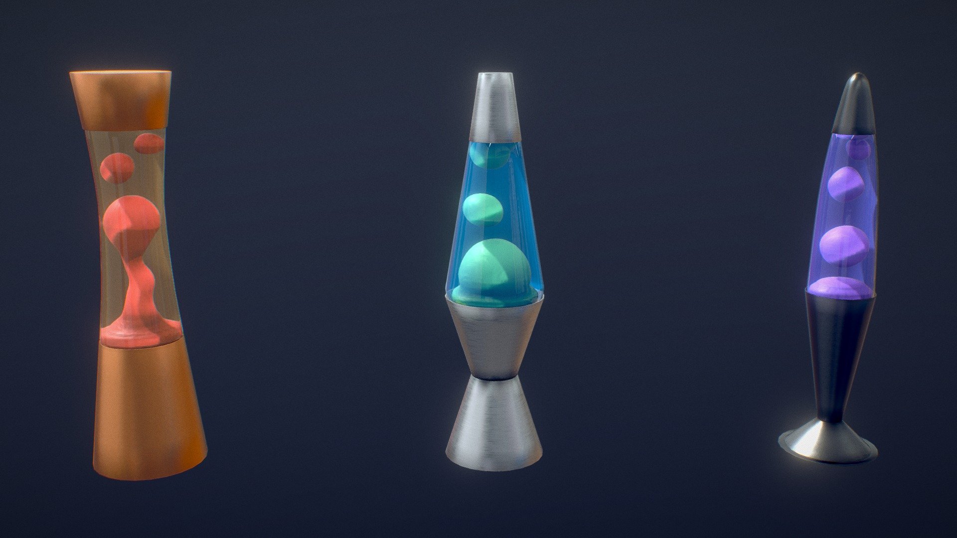 This pack of lava lamps with a PBR workflow is mainly suitable for interior archviz purposes, but can also be used for VR/AR projects and as a game asset.

The pack contains a Zip file, with:


2 Versions for every file format: Beveled - suitable for subdivision and/or smooth shading, Subdivided - subdivided in advance;
Tailored textures with multiple resolutions (2K, 4K) for a PBR Metalness workflow, such as DIFFUSE/NORMAL/SSS/TRANSPARENCY, etc.;
Both OpenGL and DirectX normal maps;
An additional preview scene with a camera, lights, and a background;
All model versions include UV unwrapping, appropriate pivot/origin points and object parenting;

Formats: 
1. fbx.
2. obj.
3. dae.
4. blend.


Scale: Real World - Metric
Dimensions cm: 9.5 x 9.5 x 36.2 (3.7 x 3.7 x 14.3'&lsquo;)
Model parts: 6 for each - Base, bottle, liquid, wax, bottle cap, base cap
Geometry: All quads with few appropriate triangles
 - Set of Retro Lava Lamps - Lowpoly pack - Buy Royalty Free 3D model by PatrickZhiaran 3d model