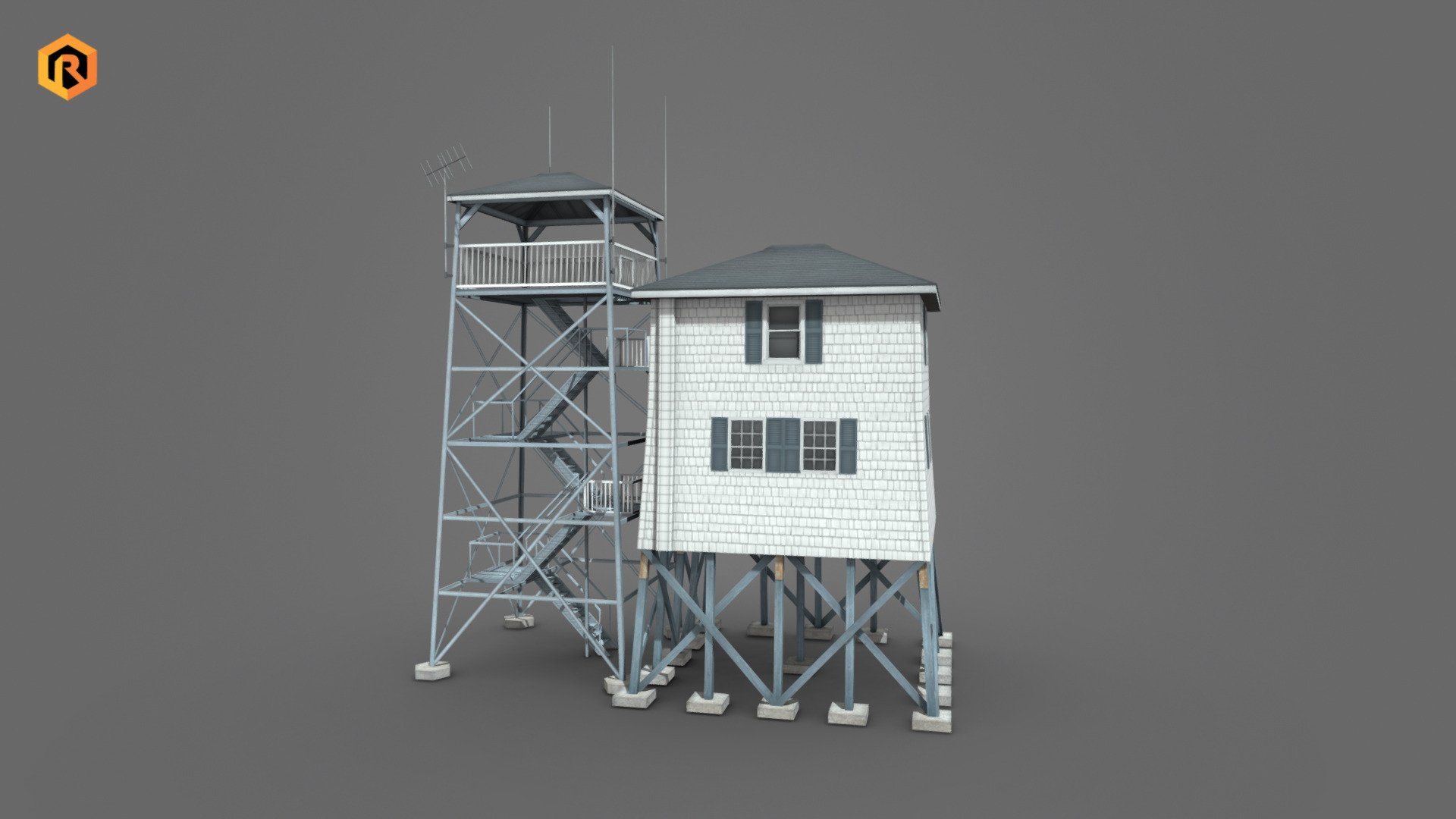 Low-poly 3D model of Radio Tower with some residential building. 

There are 2 objects a main building and a radio tower which can be located together or separately. 

It is best for use in games and other VR / AR, real-time applications such as Unity or Unreal Engine.

It can also be rendered in Blender (ex Cycles) or Vray as the model is equipped with proper textures. 

You can also buy this model in a bundle: https://skfb.ly/ovQJB

Technical details:


2048 x 2048 Building Diffuse and AO textures
2048 x 2048 Tower Diffuse and AO textures
3996 Triangles
3214 Vertices
Model is divied into two meshes.
Model is completely unwrapped.
Model is fully textured with all materials applied. 
Lot of additional file formats included (Blender, Unity, Maya etc.)

More file formats are available in additional zip file on product page.

Please feel free to contact me if you have any questions or need any support for this asset.

Support e-mail: support@rescue3d.com - Radio Tower Building - Buy Royalty Free 3D model by Rescue3D Assets (@rescue3d) 3d model
