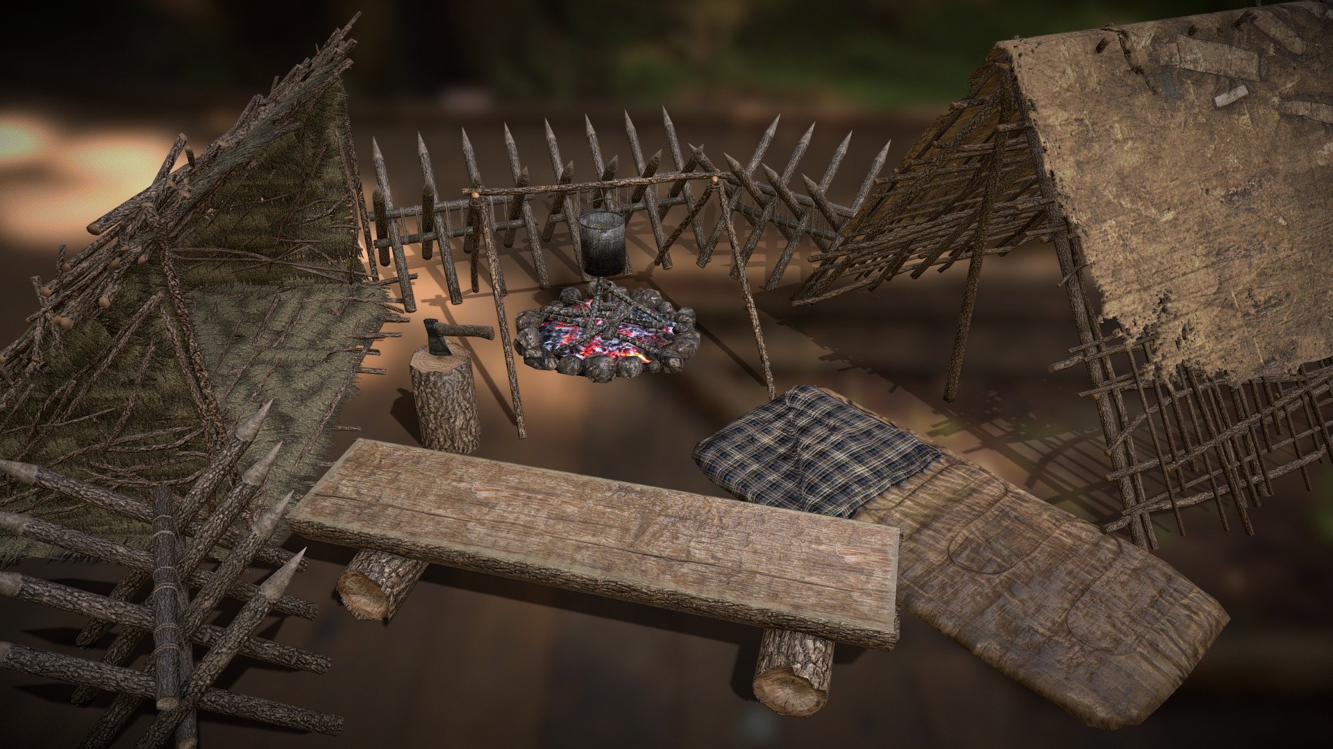 This package includes six detailed low poly 3D models, ideal for an open world environment.

Main features:




Unity 3D (.unitypackage, .prefab)

FBX models;

All 6 models contain Albedo and Normal maps

Size textures are 1024x1024 and 2048x2048 PNGs;

Package contains:




Campfire and cooking place (Support - 1128 tris, Pan - 366 tris, Campfire - 1698);

Old Wooden Shelter (7861 tris);

Hatchet (588 tris);

Sleeping Bag (452 tris);

Wood Tree Bench (740 tris);

Log (94 tris);

Create stunning environments using these assets for your own game.

Contact:
mr.rusel1999@mail.ru - Camping Pack v1.1 - 3D model by ANRUVAL_3D_MODELS 3d model