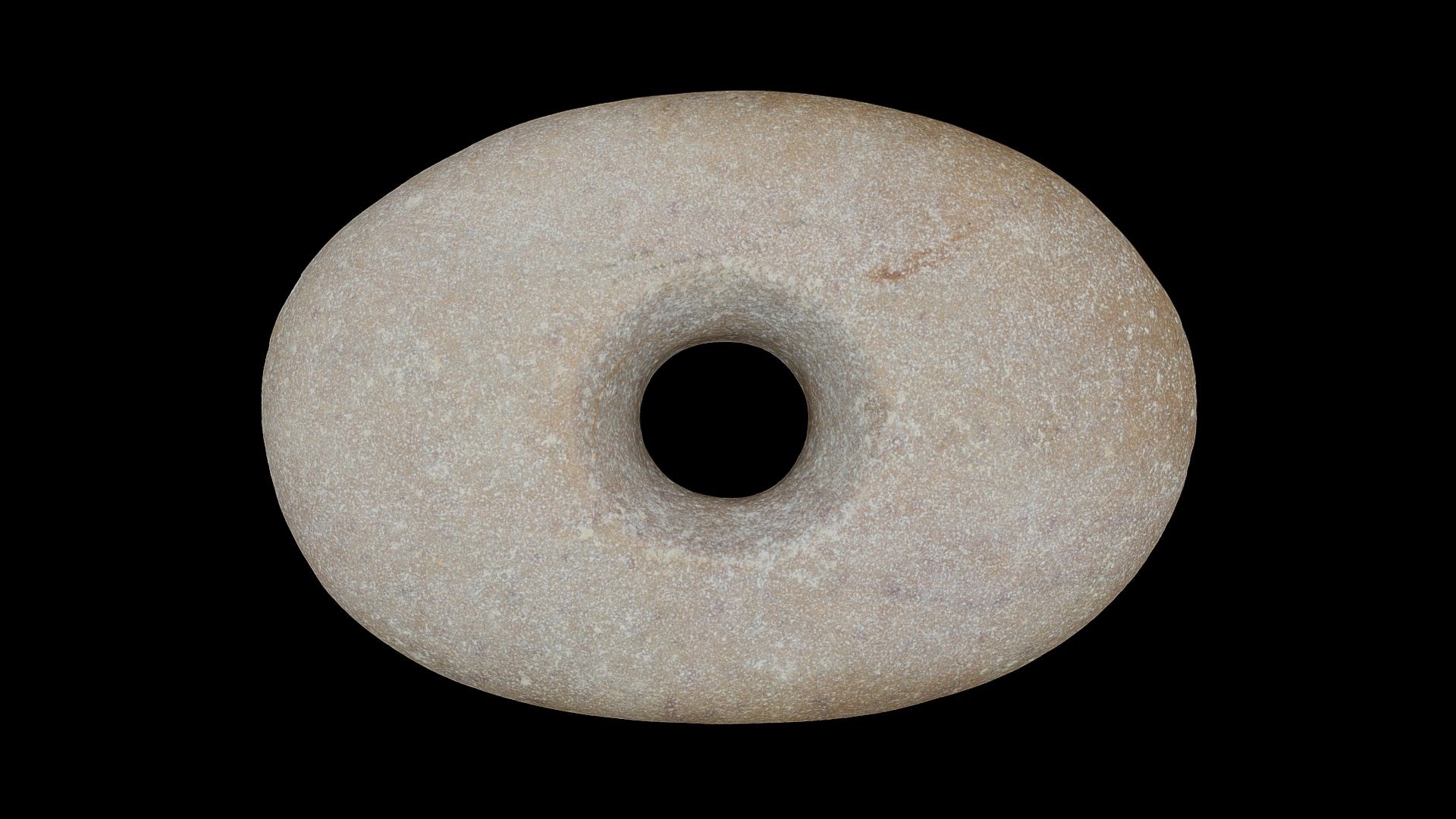 This stone tool was found in ploughsoil in Kent, England.   

Quartzite pebble hammers with cental hourglass perforations date from the Mesolithic (c.8000-4000 cal BC).  The perforation on this example was made by pecking and was subsequently ground smooth.  A wooden handle woud have been inserted through the hole and that was probably bound in position.   Small pecked facets on the leading edges indicate that this tool was used as a hammer; it may also have functioned as a weight on a digging stick.   

72.8mm long, 50.3mm wide by 20.2mm thick. Weight: 106g

Model by Hugo Anderson-Whymark. Canon 70D, 226 images. 8th Feb 2018 3d model