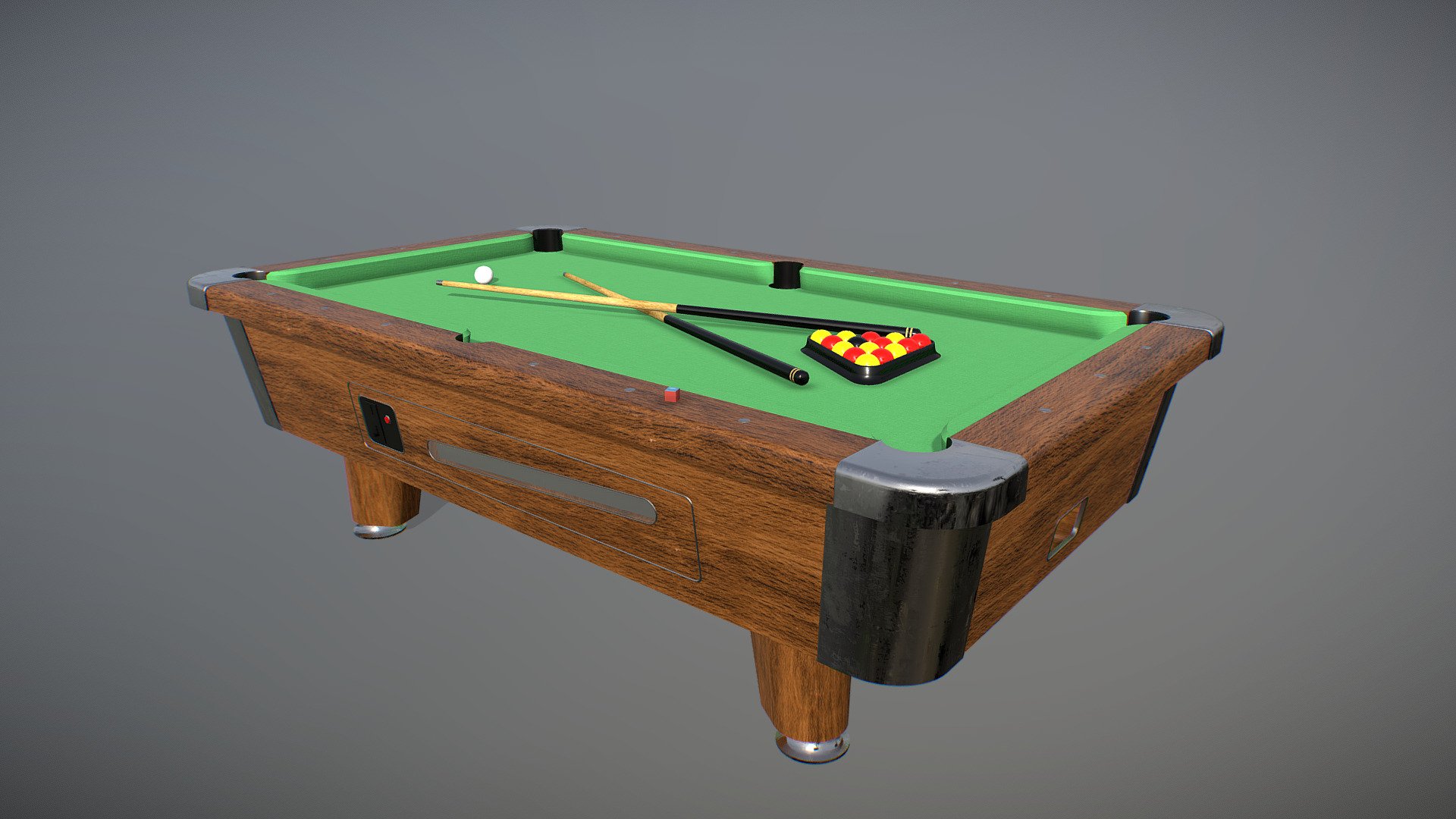 A standard sized 8ft pool table with balls, trangle and cues modelled in blender - Pool Table - Buy Royalty Free 3D model by GengPls 3d model