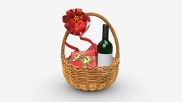 Wine bottle in wicker wooden basket 01 red, wine, basket, bow, band, gift, mockup, handle, birthday, box, golden, label, alcool, celebration, weaving, wick, glass, 3d, pbr, bottle