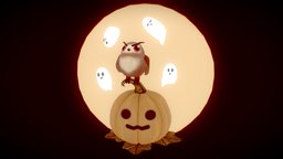 Halloween pumpkin and friends owl, blender-3d, ghosts, handpainted, low-poly, halloween, pumpkin, spooky, sketchfabhalloween2019