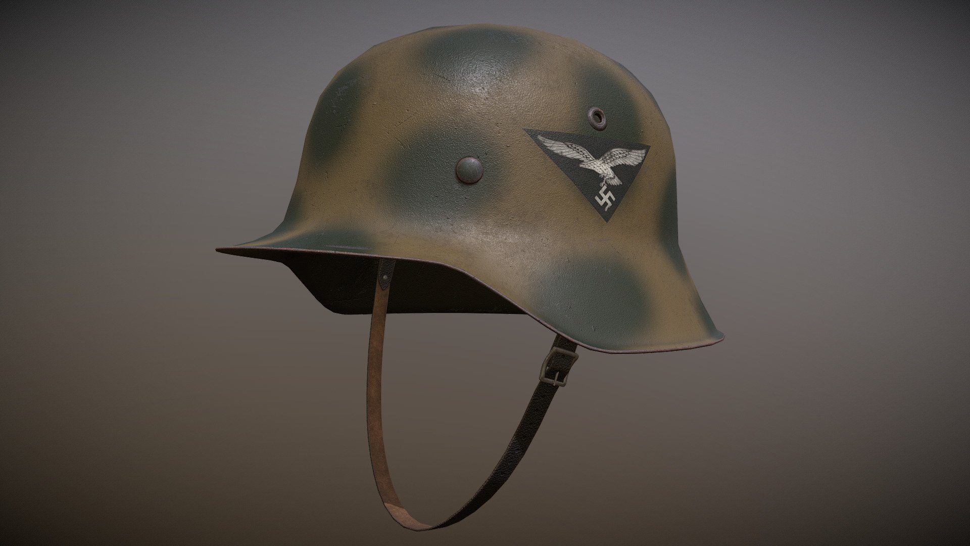This is an M42 Stahlhelm with Decals of the Luftwaffe and camo Paint. The M42 was a product out of simplification which means that in comparision to the M35, the M42 has no rolled over edges and the ventilation holes are not longer rivited but part of the helmet self to make the production faster and cheaper 3d model