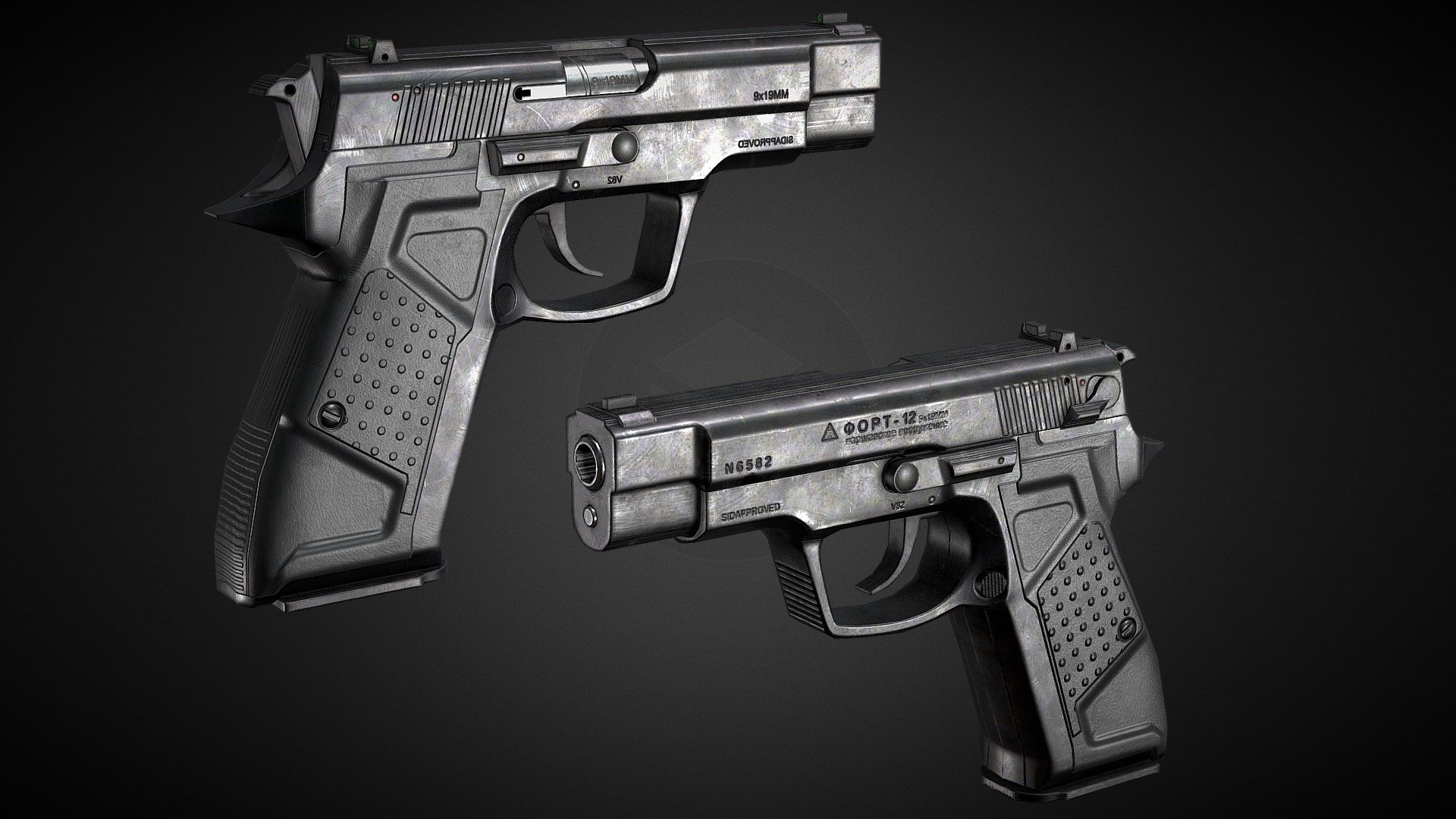 The F12 Pistol, Optimized for mobile/Standalone VR applications with a polycount of 1805Tris

The version to the right has a single 1024x1024 texture while the Left is the 4096x4096 Version. The 1024x1024 version suffers a little bit due to sketchfab texture compression but should look cleaner in your target engine if compression quality is set to high or none.

The model features partially mirrored UVs in order to increase the pixel density.

For correct rotations in Unity engine you might need to tick the “Bake axis conversion” import option when importing the FBX.

An additional 128x128 texture set is used for the 9x19mm Bullets inside the weapon on the right version while the left one uses a 1024x1024 texture for the bullet.

Files include 1k and 4k textures for Unity, Unreal Engine as well as Metallic Roughness, Please comment down if you need a different pbr environment and it will be added if possible 3d model