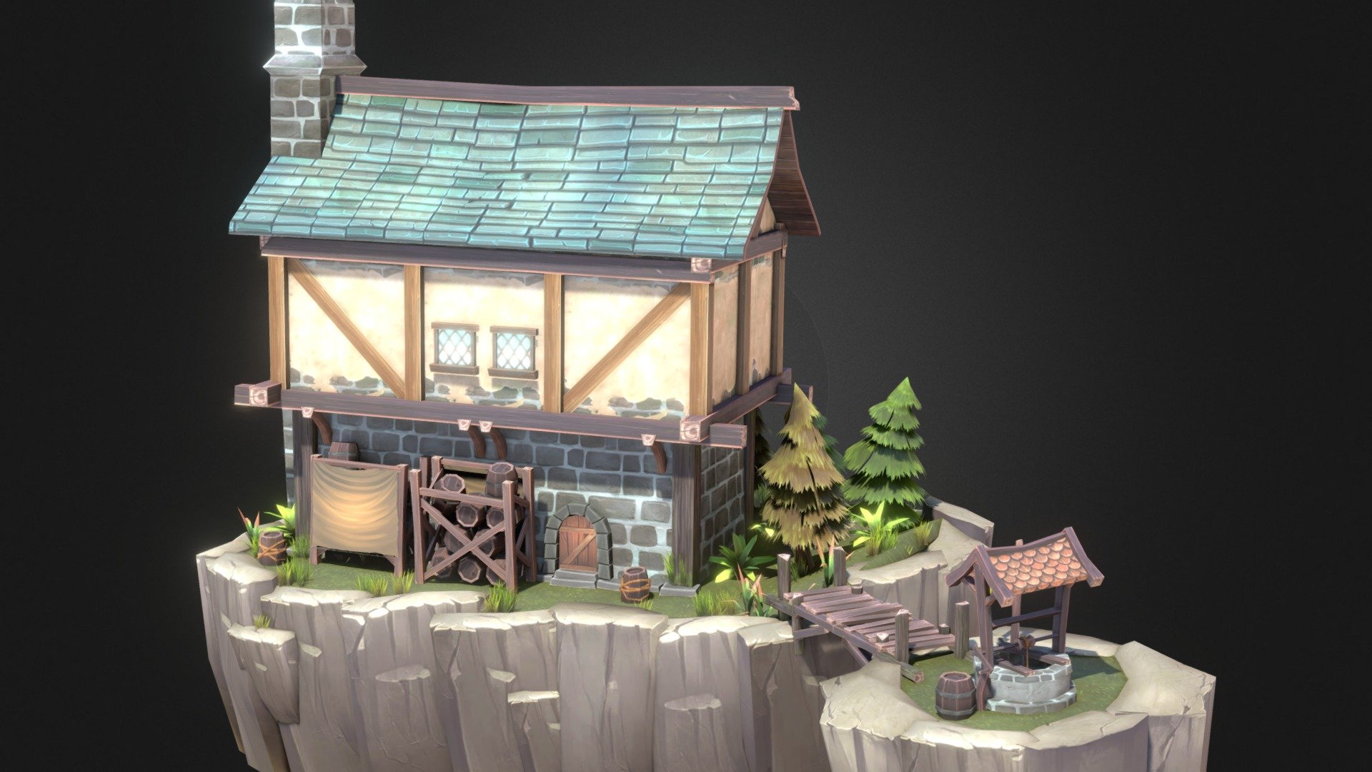 Medieval Tavern with a well 3d model