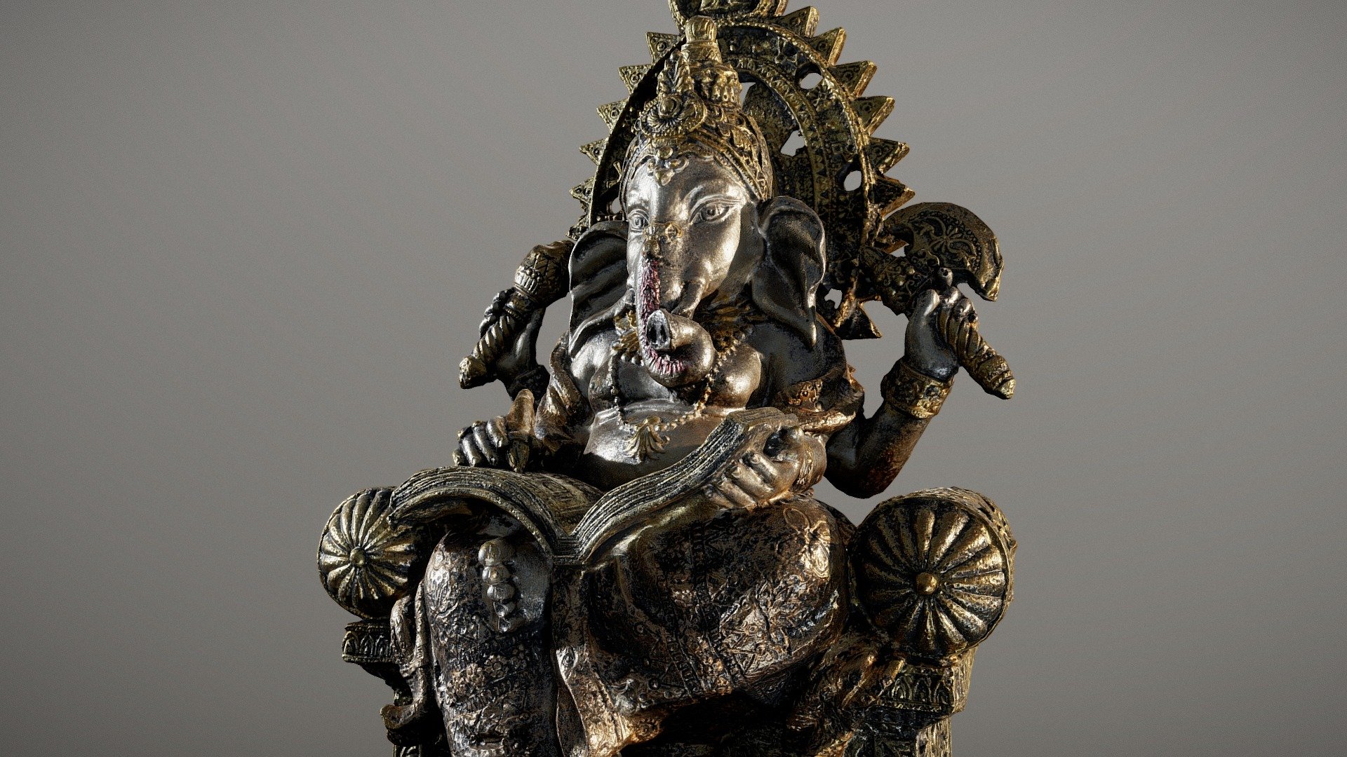 ** Antique Ganesha Statue **

Ganesha is known as Elephant God in Hindu pantheon. A god of wealth, symbol of wisdom, success and good fortune.

12.9 x 10.0 x 21.4 cm (45 micrometers per texel @ 8k)

Scanned using advanced technology developed by inciprocal Inc. that enables highly photo-realistic reproduction of real-world products in virtual environments. Our hardware and software technology combines advanced photometry, structured light, photogrammtery and light fields to capture and generate accurate material representations from tens of thousands of images targeting real-time and offline path-traced PBR compatible renderers.

Zip file includes low-poly OBJ mesh (in meters) with a set of 8k PBR textures compressed with lossless JPEG (no chroma sub-sampling) 3d model
