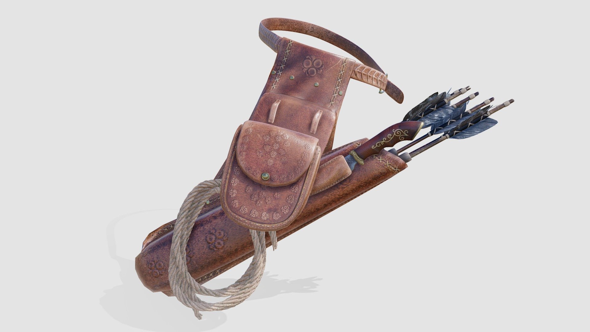 Check out my website for more products and better deals! 👉 SM5 by Heledahn 👈


This is a digital 3d model of a leather quiver attached to the character's waist by a decorated belt. The leather is weathered and damaged, and it resembles being handmade, with rough stitches and clumsy carvings on the surface. Attached to the quiver there is a hunter's knife, and hanging from a hook there is a rolled rope.

The design is well suited for medieval and fantasy settings, although is intended for modern or Steampunk. In the event of using the model for a medieval theme, it is recommended to remove or conceal the metal hook that holds the rope, since it's a modern device.

Textures come in 4K for perfect closeups.

This product will achieve realistic results in your rendering projects, being greatly suited for close-ups due to their high quality topology and PBR shading 3d model