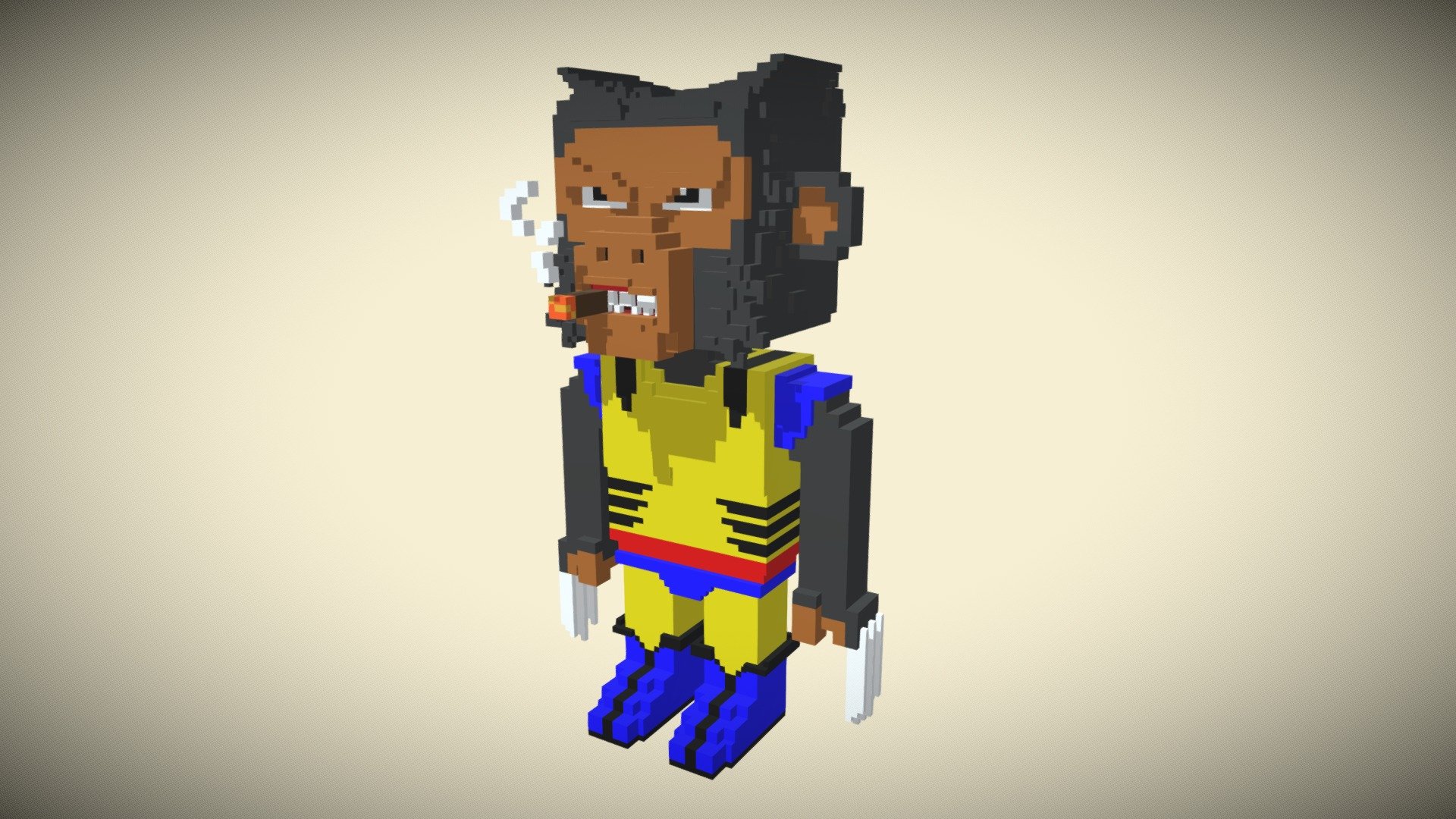 This digital masterpiece features a playful Munkycitizen, 3d voxel art character dressed in a fierce wolverine costume, complete with razor-sharp claws and a menacing snarl. With its vibrant colors and detailed design, Munkycitizen is sure to be the centerpiece of any collection.

This digital product is perfect for anyone looking to add a unique and eye-catching piece to their collection, or for anyone who loves wolverine or voxel art. Order now and bring the world of Munkycitizen to life on your device! - MunkyCitizen_Wolverine - 3D model by Sipakne 3d model