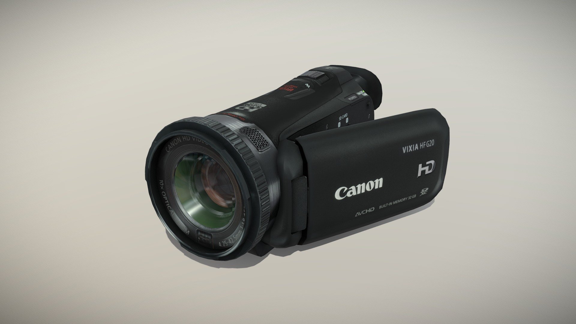 •   Let me present to you high-quality low-poly 3D model Canon Vixia HF G20 Black. Modeling was made with ortho-photos of real camcorder that is why all details of design are recreated most authentically.

•    This model consists of a few meshes, it is low-polygonal and it has three materials (Body, Strap and Glass Lens).

•   The total of the main textures is 7. Resolution of all textures is 4096 pixels square aspect ratio in .png format. Also there is original texture file .PSD format in separate archive.

•   Polygon count of the model is – 5747.

•   The model has correct dimensions in real-world scale. All parts grouped and named correctly.

•   To use the model in other 3D programs there are scenes saved in formats .fbx, .obj, .DAE, .max (2010 version).

Note: If you see some artifacts on the textures, it means compression works in the Viewer. We recommend setting HD quality for textures. But anyway, original textures have no artifacts 3d model
