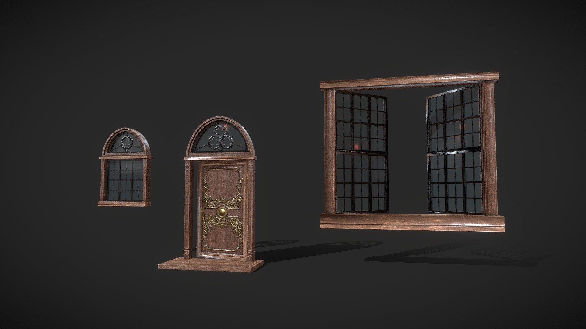 2 decorative windows and 1 door.

1 small window

1 big window ( can rotate left and right window panels to close and open)

1 door ( with hinges can rotate horizontally to open and close )

Total Polycount: 3369 Triangles

Big Window: 296 Triangles

Small Window: 783 Triangles

Door: 2290 Triangles

PNG Texture sizes:

Door: 2048 x 2048 (Include Albedo, Normal, Specular and AO)

Window: 1024 x 1024 (Include Albedo, Normal and Specular), AO 512 x 512 - Decor Window and Door - Buy Royalty Free 3D model by Experience Lab Art (@Experience_Lab_Art) 3d model