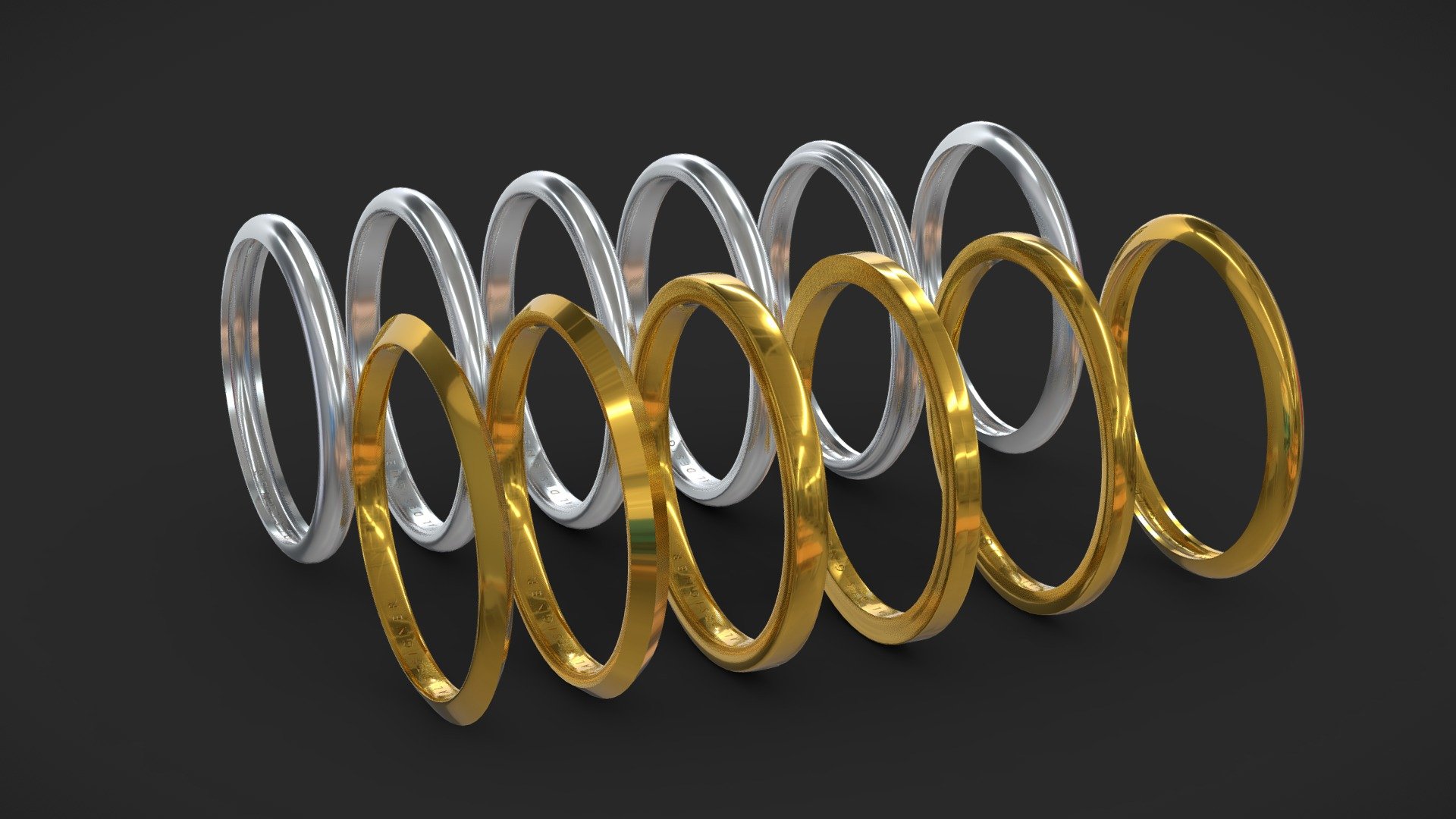 12 Unique Rings / Wedding Bands. 
Sized in 16mm and easily scalable for resizing. 

12 Curve types 3d model