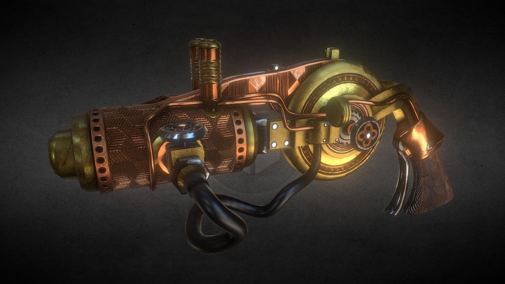 A steampunk style submachine gun fed by a vertical drum magazine with the ammunition arranged in a radial pattern and holds 31 rounds. The gun cycles via a ratchet gear which is actuated by the expansive gasses in the barrel when firing 3d model