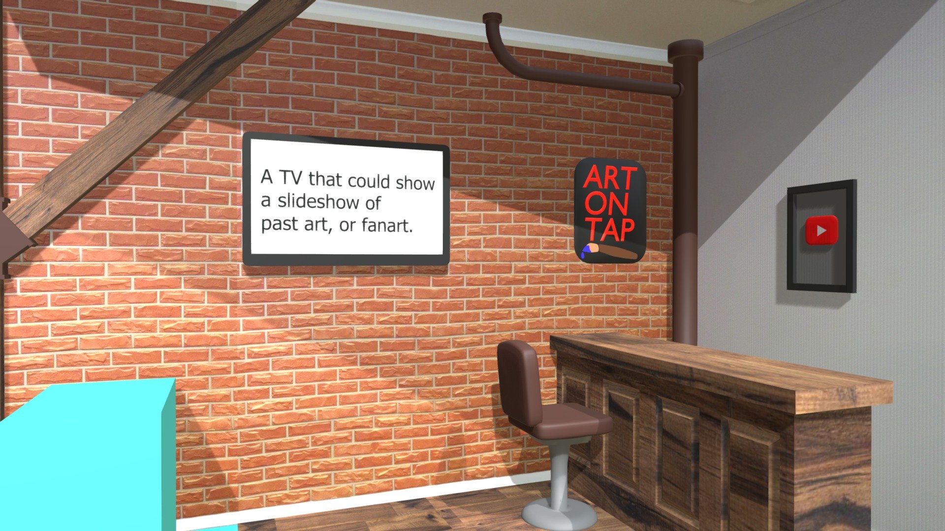 My idea for Jazza's space. I was thinking a Bar scene that serves Art ainstead of Beer with a TV that could cycle through fan art that won't fit on the fan art wall, or past art video results - Jazza Room Idea - 3D model by Bmaster4114 3d model