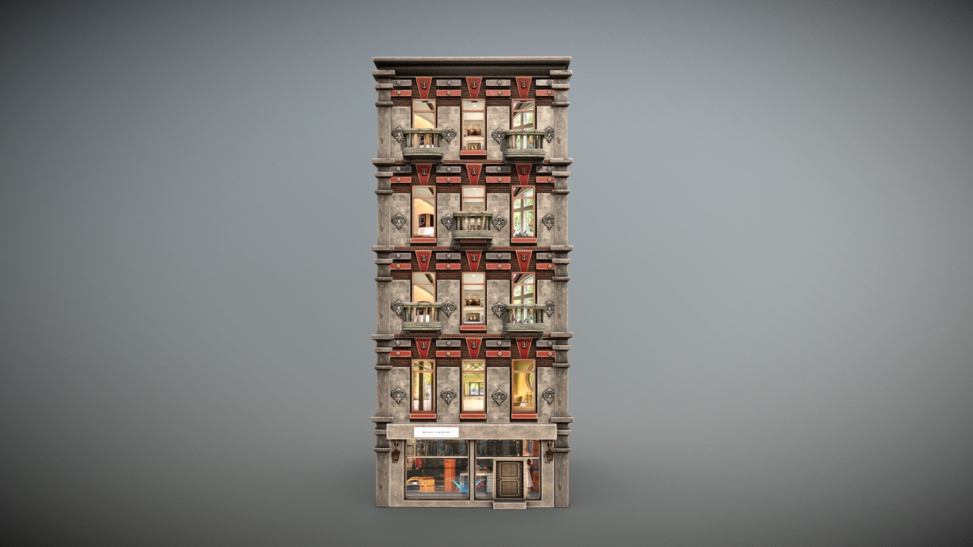 Game-ready building 3D model made out of 9 meshes and 22 materials.

The following meshes are included: building, shop, doors, lamps and balconies.

The constructive elements (meshes) can be replaced and designed according to your ideas.
 
Included Albedo, Normal, Metallic and Emissive maps.



Technical details:

Number of materials: 22 

Number of textures: 30

Number of meshes: 9 

Number of prefabs: 1 

Texture size: 2048 * 2048 px, 1024 * 1024 px, 512 * 512 px

Exterior only! 
 - Urban City Building 4 - Buy Royalty Free 3D model by Dexsoft Games (@dexsoft-games) 3d model