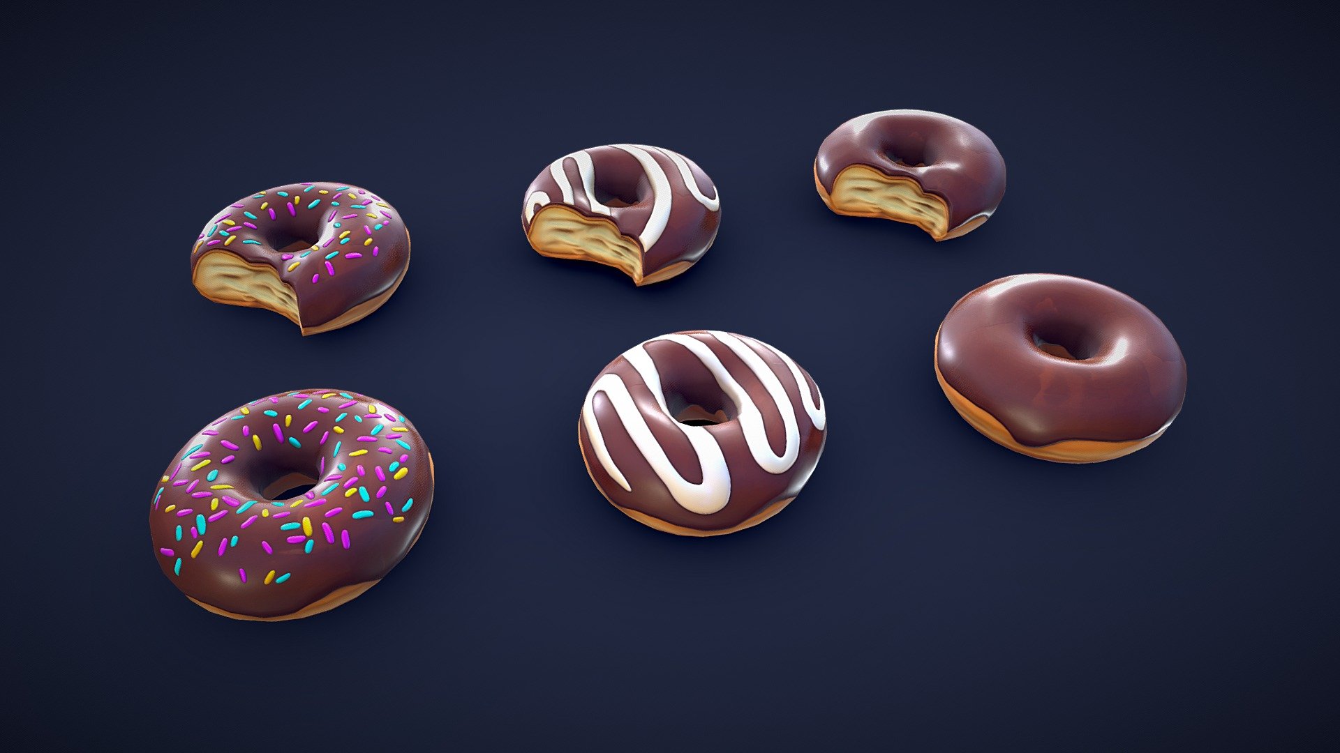 This pack contains 6 different stylized donuts. Whether you need a chocolate donut, a donut with a bite taken, or a glazed one with sprinkles, this pack has it all.🍩


These assets are also includes the following asset pack:



Stylized Donut Collection - Low Poly

Model information:




Optimized low-poly assets for real-time usage.

2K and 4K pbr textures for the assets are included.

Optimized and clean UV mapping.

Compatible with Unreal Engine, Unity and similar engines.

All assets are included in a separate file as well.
 - Stylized Chocolate Donuts - Low Poly - Buy Royalty Free 3D model by Lars Korden (@Lark.Art) 3d model