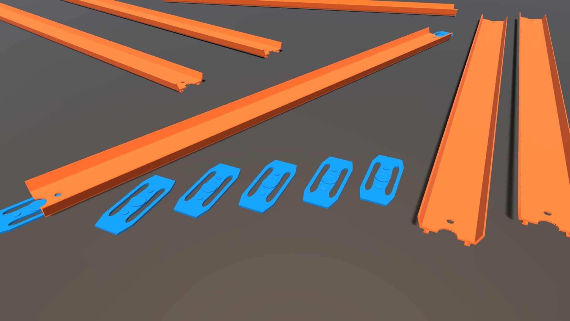 This is a toy track for diecast model cars. They are sold under various brand names in the childrens industry, but I can't add the name directly without indorsement. This is a low poly true to scale track package with several lengths of track and connectors included. 

These can easily be duplicated in your game or video as many times as you like. The models were made in Blender3D.

If you use this in your game or project, please let me know so I can see it in action 3d model