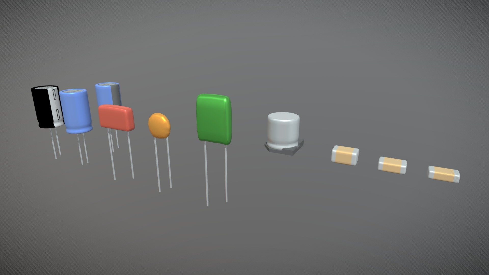 A asset pack of some electrolytic, ceramic, SMD and film capacitors 3d model