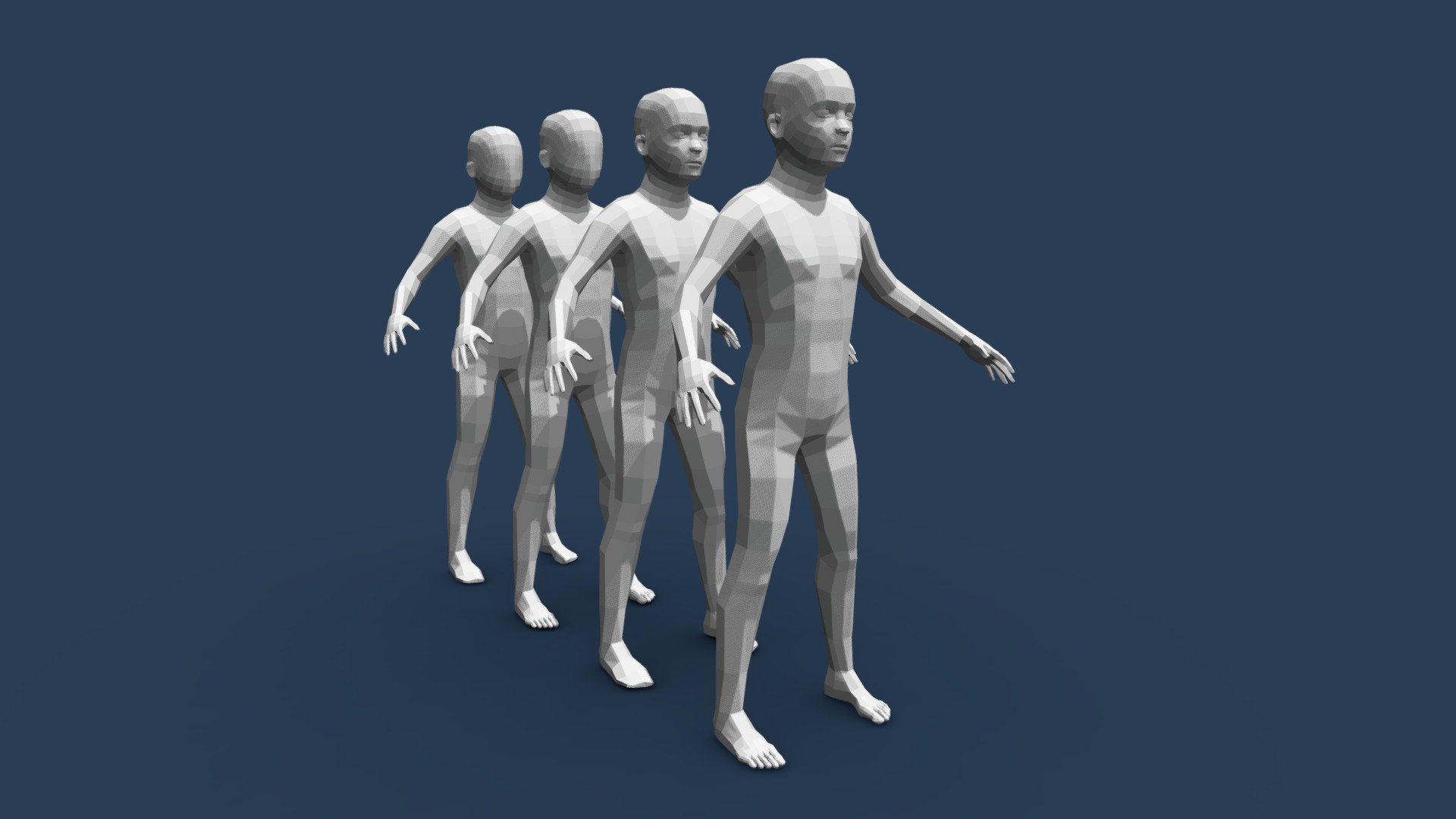This package contains 4 versions of a low poly boy base mesh.

V1 has no face details and no toe details, V2 has no face details and has toes, V3 has face details and no toe details, V4 has face details and toes.

This low poly boy base mesh can get you started right away on your new character without the headache of modelling the base mesh first. Making it easier to go straight into sculpting or use for whatever purpose you may need a low poly boy base mesh for. 
Visit our website at www.klockworkanimation.com - Low Poly Boy Base Mesh - Buy Royalty Free 3D model by Klockwork_Animation (@klockwork_studios) 3d model