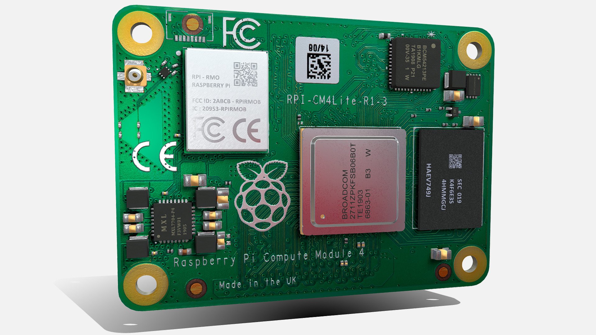 HIGH POLY 3D Model of the new RaspBerry Compute Module 4 Lite. Version without eMMC.
Description is visible here : https://www.raspberrypi.org/products/compute-module-4/?variant=raspberry-pi-cm4001000&amp;resellerType=home

The 3D Model of the version with eMMC + Antenna Wifi is available here : https://sketchfab.com/3d-models/raspberry-pi-compute-module-4-emmc-antenna-d476d8e1cbab41a89464ae467ad934ba

Model designed with blender tools v2.81. 

All components can be modified (translate, delete,…). Don’t hesitate to comment somes hardware references that you want to see in sketchfab 3d model