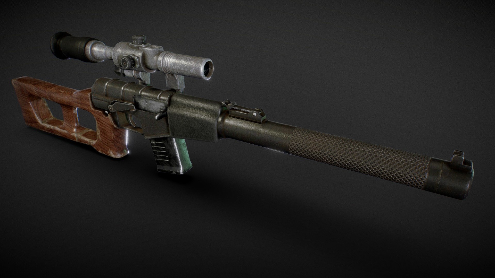 This is a model based on the VSS Vintorez Sniper Rifle. This model is game ready and is excellent for virtual reality with a poly count of just over 7k.

This model has been retextured, the wood now has a much more realistic appearance. There are also several other improvements that have been made to the texture.

This scene is staged at night. Just another silent night time assasination&hellip; - VSS Vintorez (2.0) - Buy Royalty Free 3D model by creationwasteland 3d model