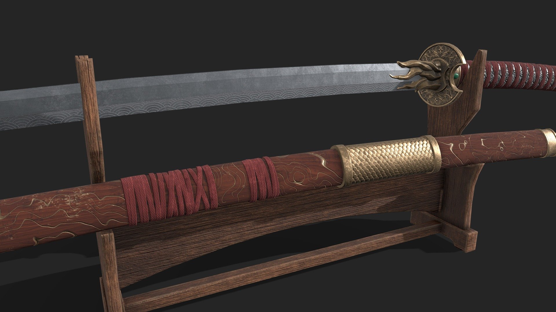 Katana 

Sword - 4096 Texture and 4 382 Tris.

Scabbard - 4096 Texture and 2 548 Tris.

Stand Base - - 2048 Texture and 678 Tris.

Textures include:

-Base Color

-Normal

-Roughness

-Metallic

-AO

I hope you like it 3d model