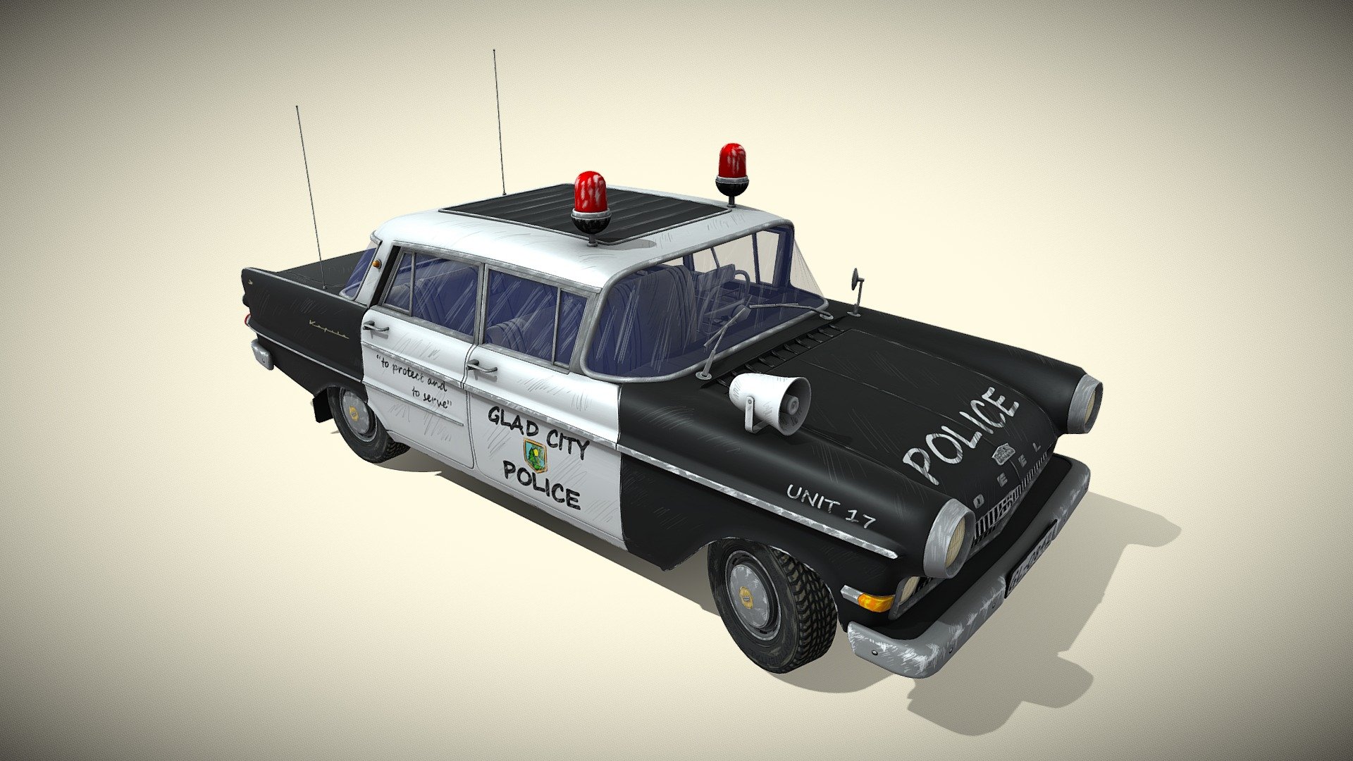 Stylized model of a police car from the classic era. Model comes with normal maps and diffuse. I din`t use metalness or roughness maps, just values. Interior, engine, trunk and underside is modelled also.  3x4096 main diffuse textures and 6 smaller textures for diffent details. I changed name from Opel to Oeel and other small logos for copyright reasons. I included psd textures and max file to download 3d model