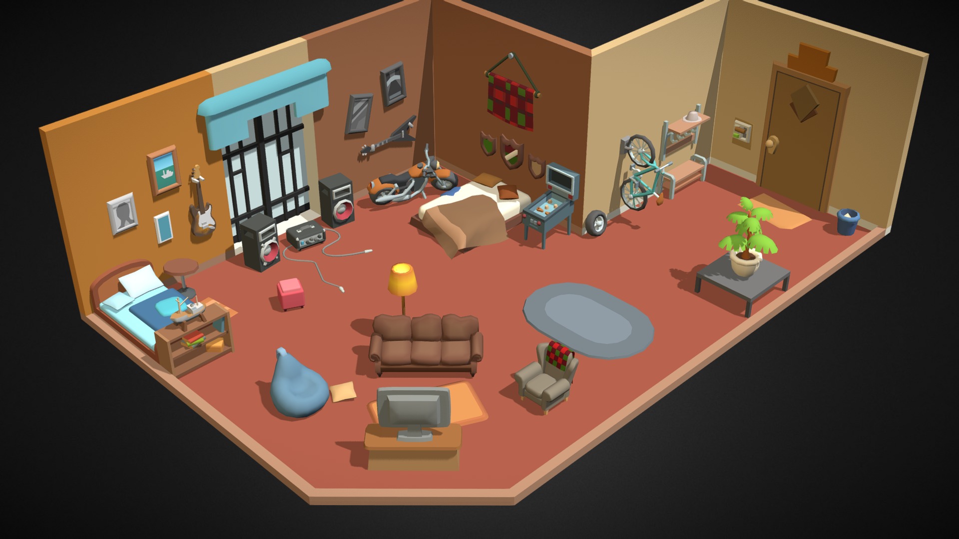 Room for two men who live together.
I used vertex color for painting 3d model