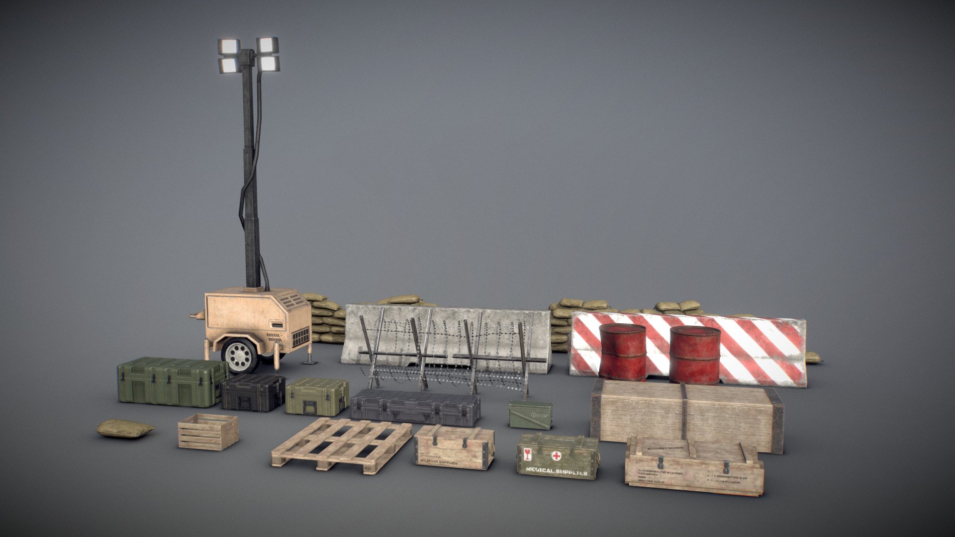 Military Game Asset Pack volume 1

There is an additional file with Unreal Engine textures
Unity Coming soon (will be added to this file, not a different product)

All textures are 1024 x 1024 or lower
All the assets are average 1000 Tris per model.

If you need any support, assistance or feedback, you can comment below and I will respond as quickly as possible 3d model