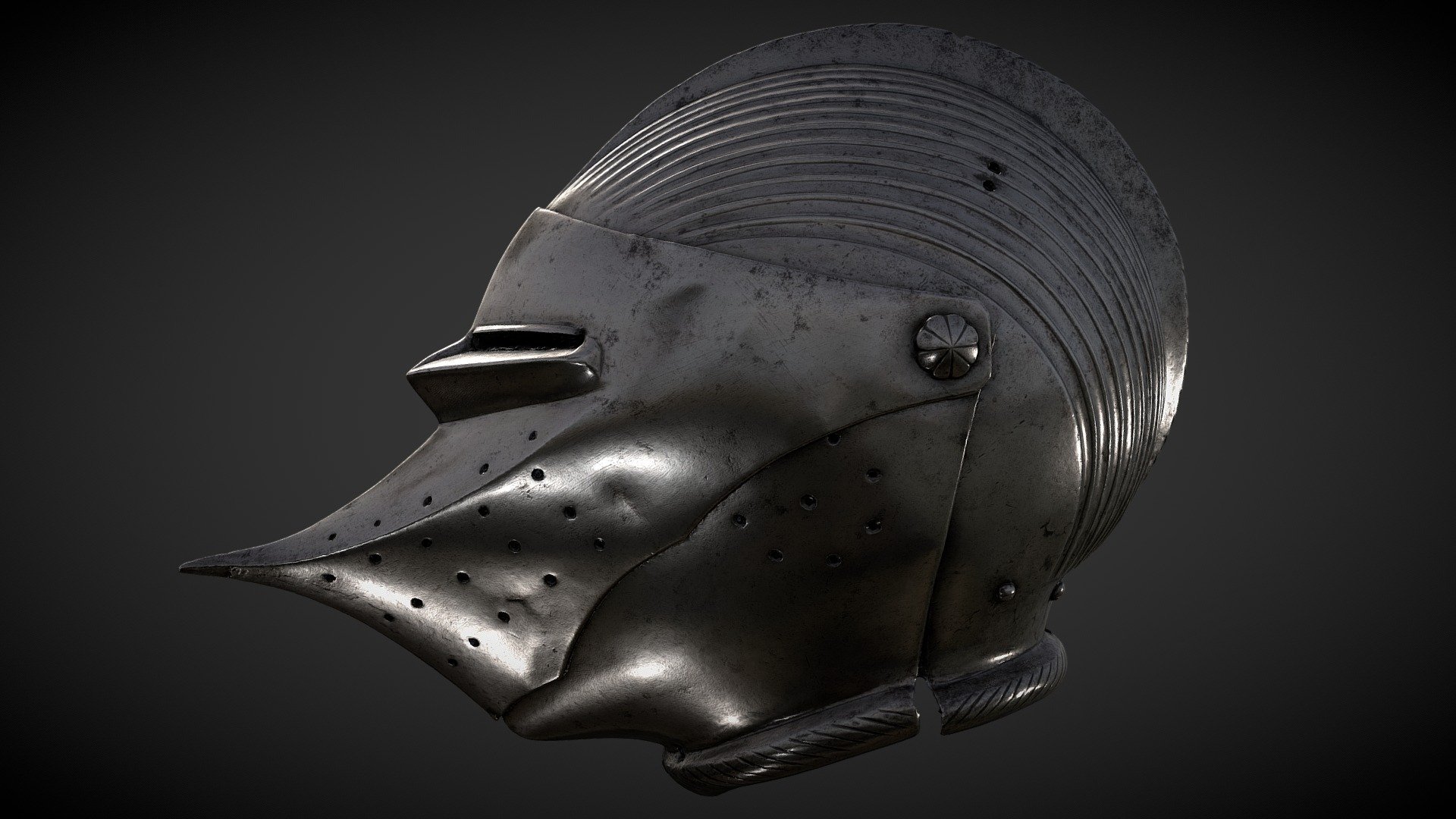 This helmet features decorative grooves on the skull and the visor has been extended into a beak.

As late as in 1866, the helmet was thought to have belonged to King Magnus Ladulås (dead in 1290) and was on display in the Riddarholmen Church together with a suit of armour consisting of unrelated parts.

However, King Magnus would never have come across the helmet which was made in Germany in the 1530s 3d model