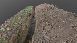 Construction site dug-out cable trench ditch grass, terrain, down, trench, excavation, work, 3d-scan, dig, underground, ground, earth, site, wire, town, 3d-scanning, clay, excavating, cable, soil, dug, lay, laying, photoscan, photogrammetry, asset, city, construction