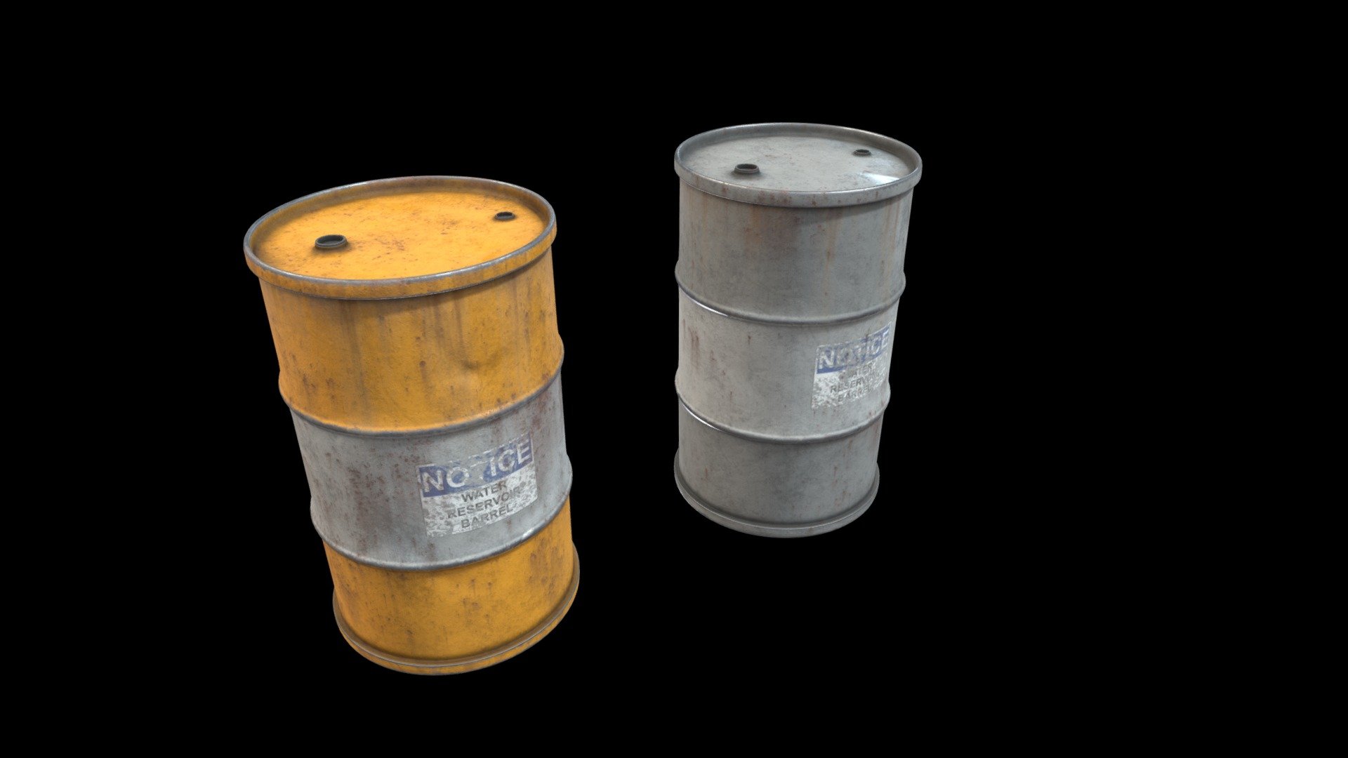 Two metal barrels. Can be used for liquids like oil and water. Next gen game ready 3d model
